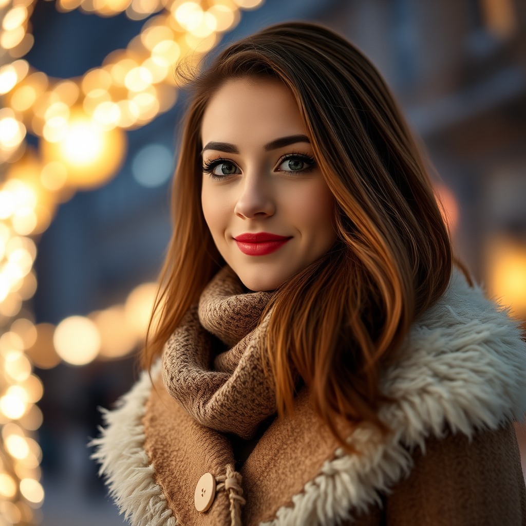 beautiful woman in winter coat, christmas lights bokeh, photorealistic portrait