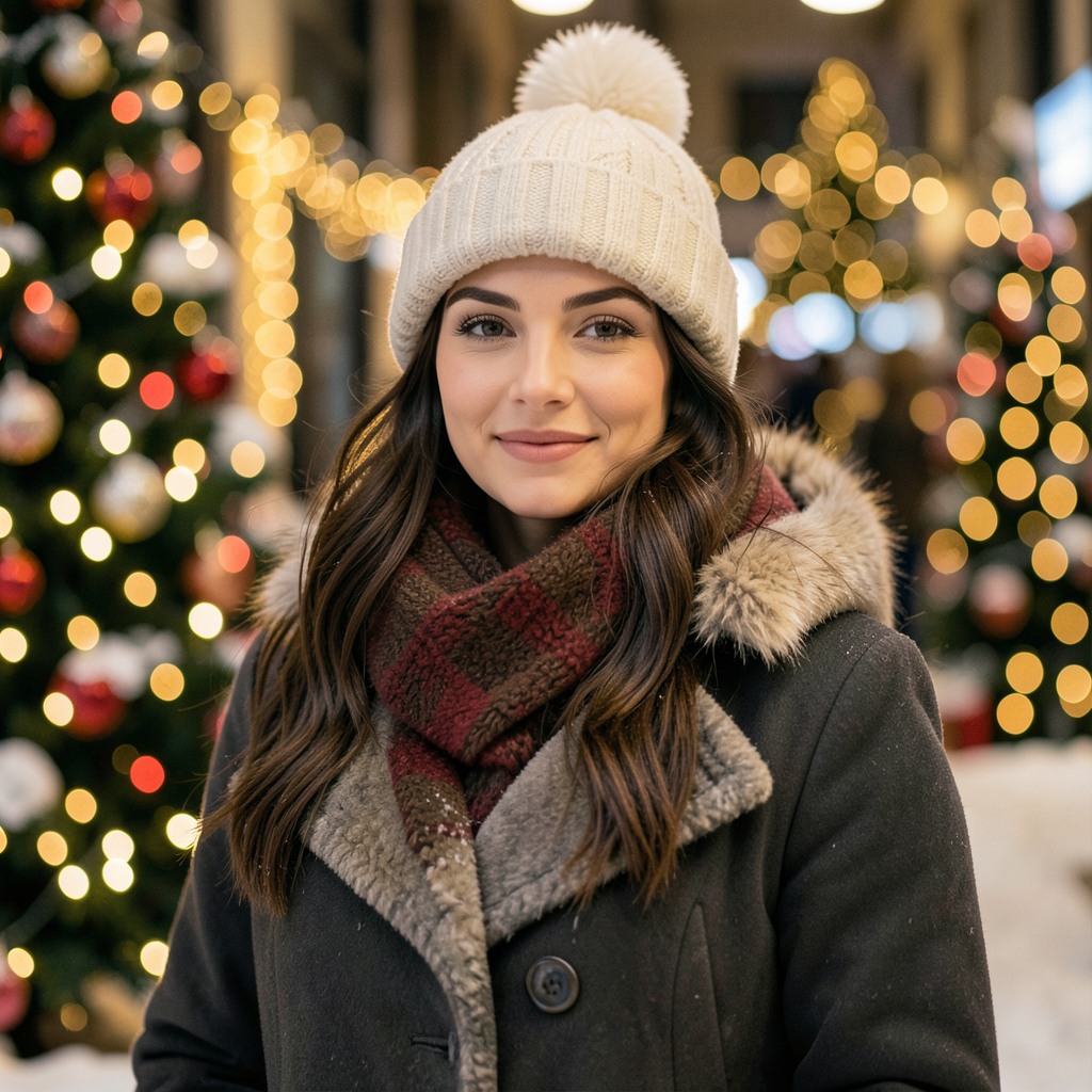 beautiful woman in winter coat, christmas lights bokeh, photorealistic portrait