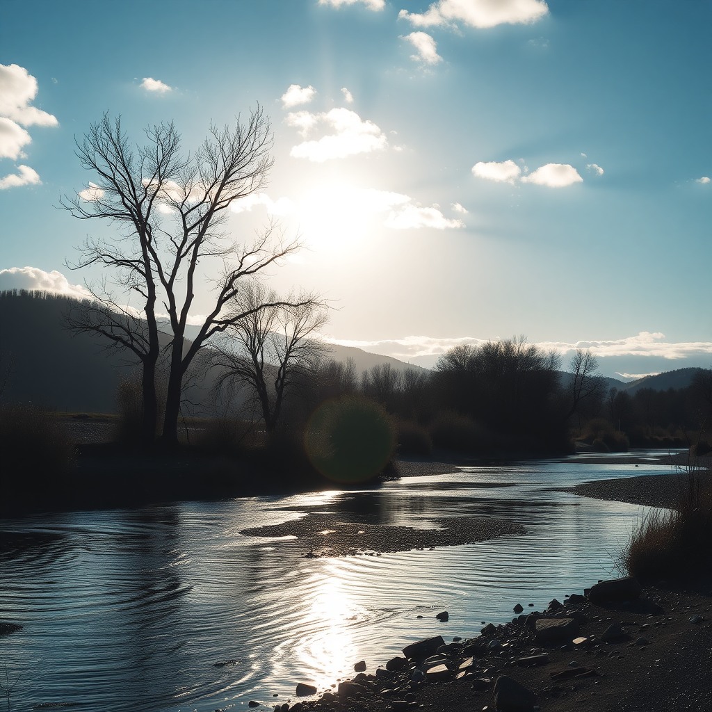 Photo-realistic editorial photography, realistic scene representing calm riverbank
