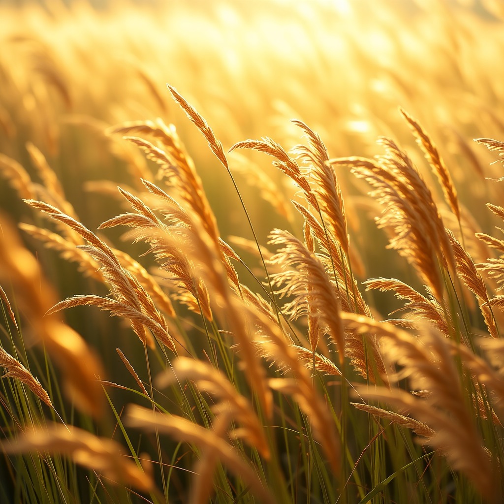 Realistic photograph of tall grassland moving in the wind, golden hour lighting