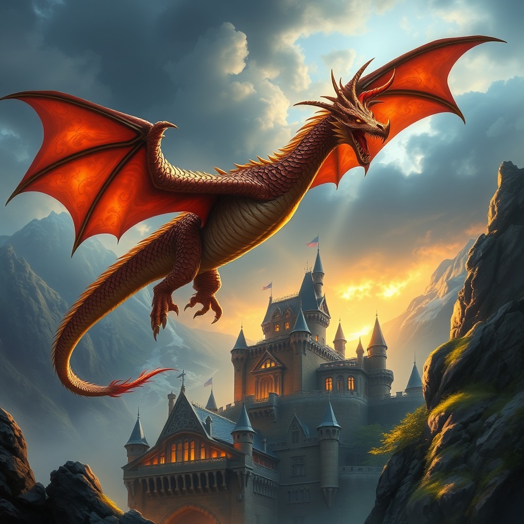 fantasy dragon flying over medieval castle, epic lighting, ultra detailed illustration