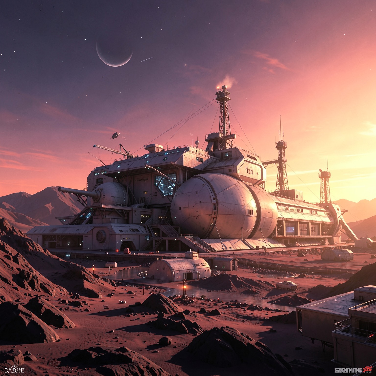 futuristic moon base during sunrise