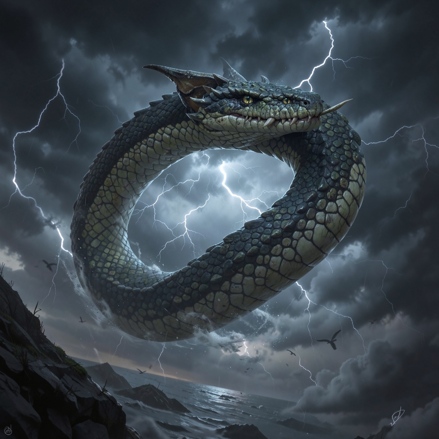 Giant serpent swimming through the sky during storm, fantasy realism