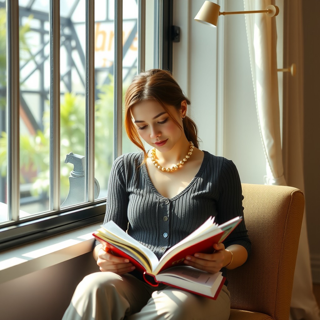 Photo-realistic editorial photography, realistic scene representing a woman reading a book near large window, soft daylight
