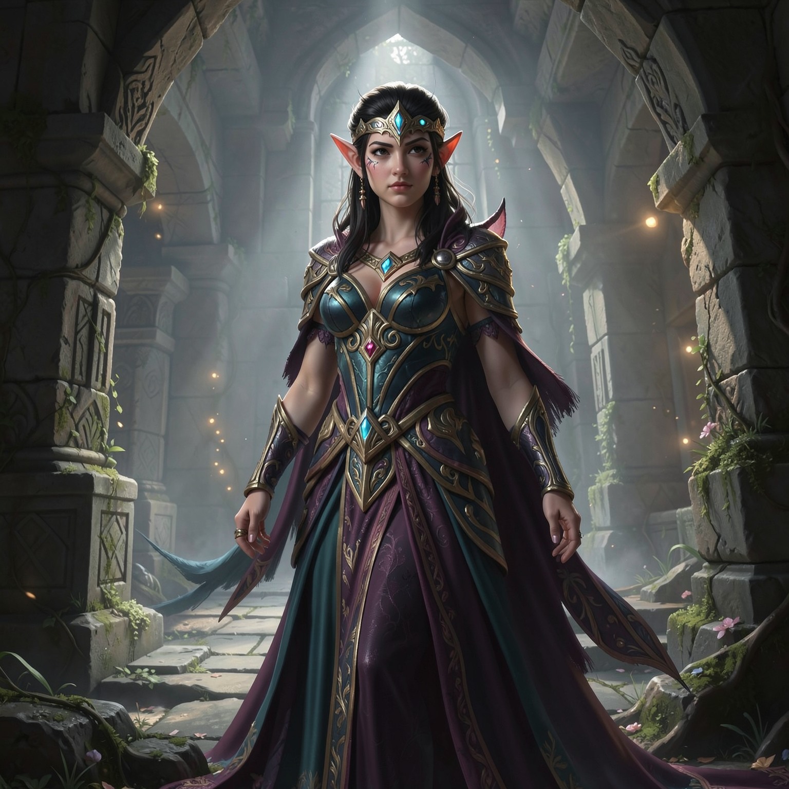 fantasy elf queen in ancient temple, ultra detailed