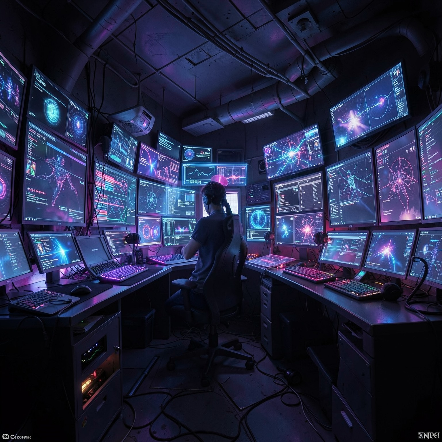 cyberpunk hacker room full of RGB screens and holograms