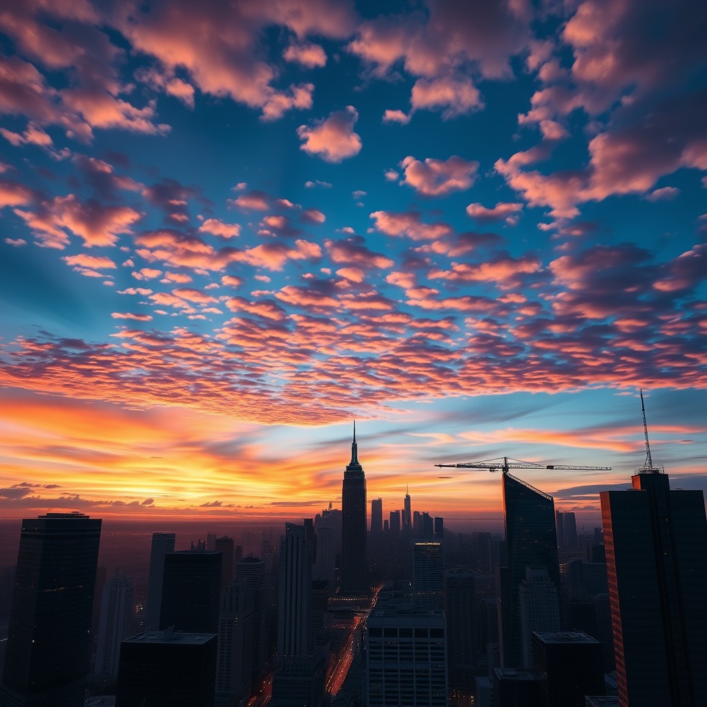 realistic urban skyline at dusk, cinematic clouds, ultra wide view