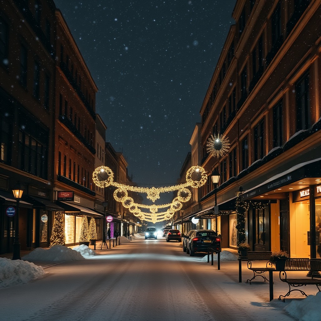 christmas street at night, snowfall, glowing decorations, cinematic cityscape