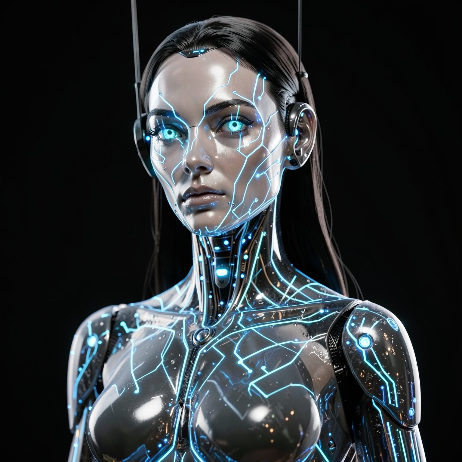 AI robot girl with transparent skin and glowing circuits, hyper realistic