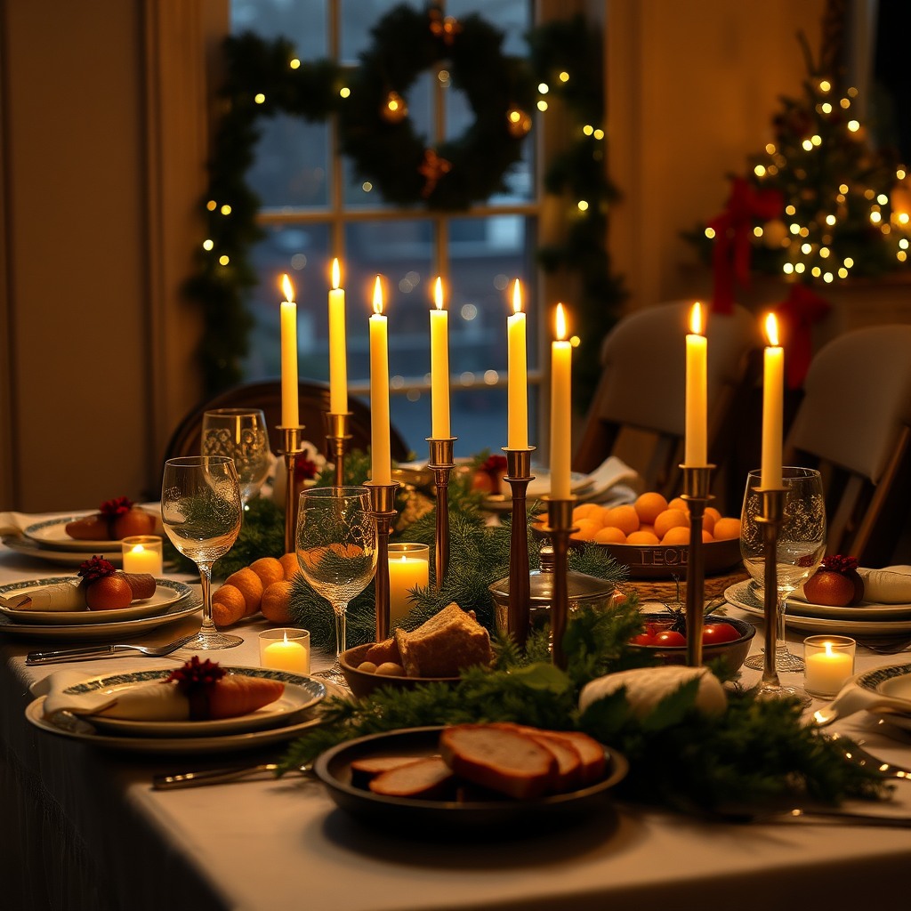 christmas dinner table, candles, festive food, warm light, realistic photography