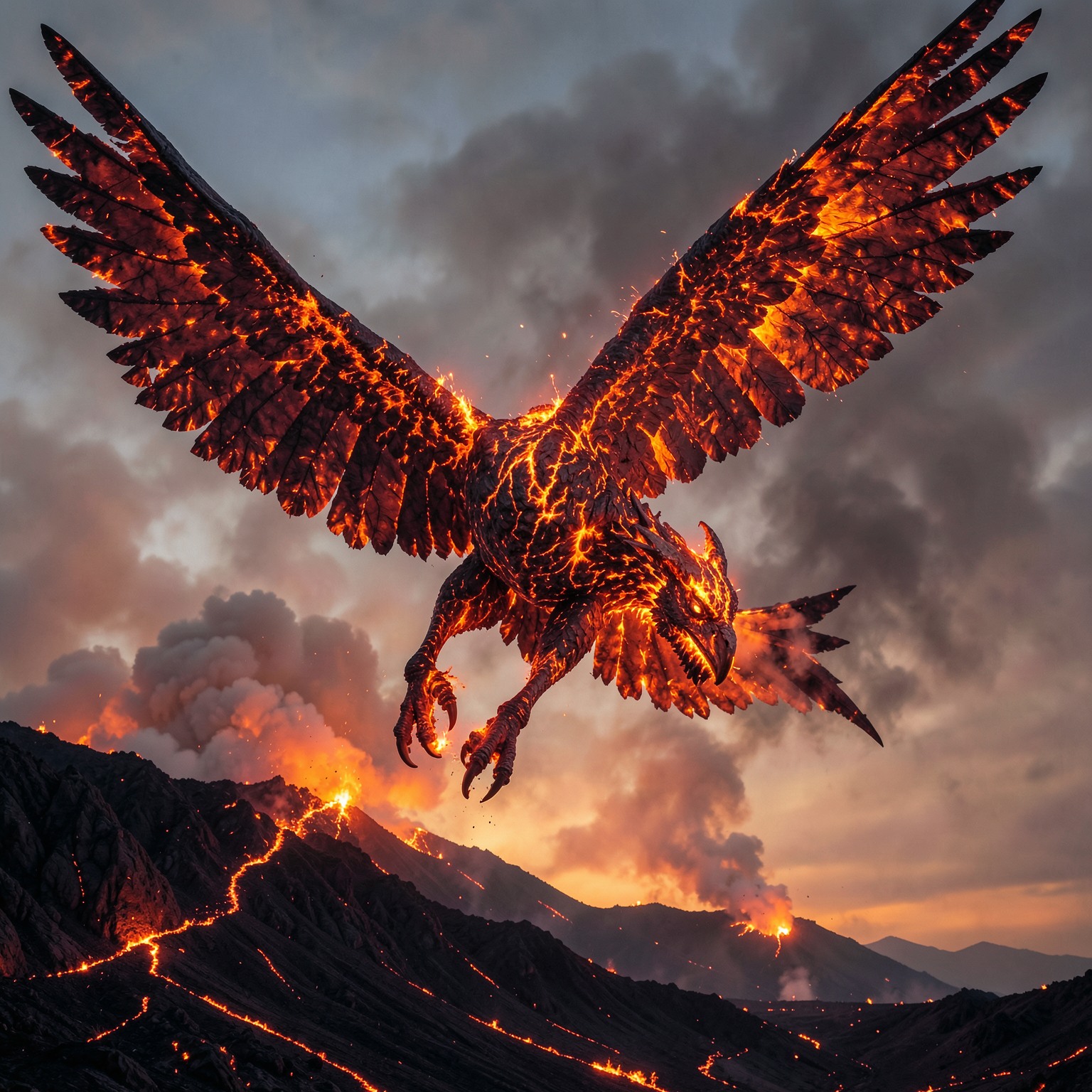 Giant phoenix made of lava flying through volcano smoke