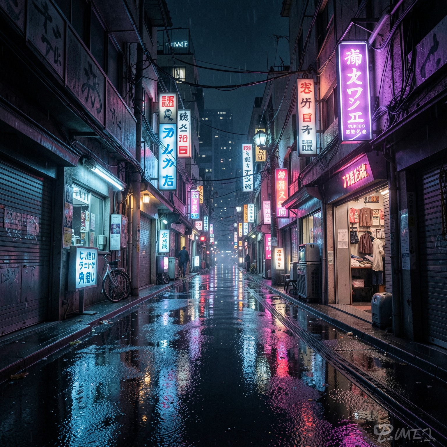 futuristic cyberpunk alley in Tokyo at night, neon reflections on wet asphalt, cinematic lighting, ultra detailed, flux style