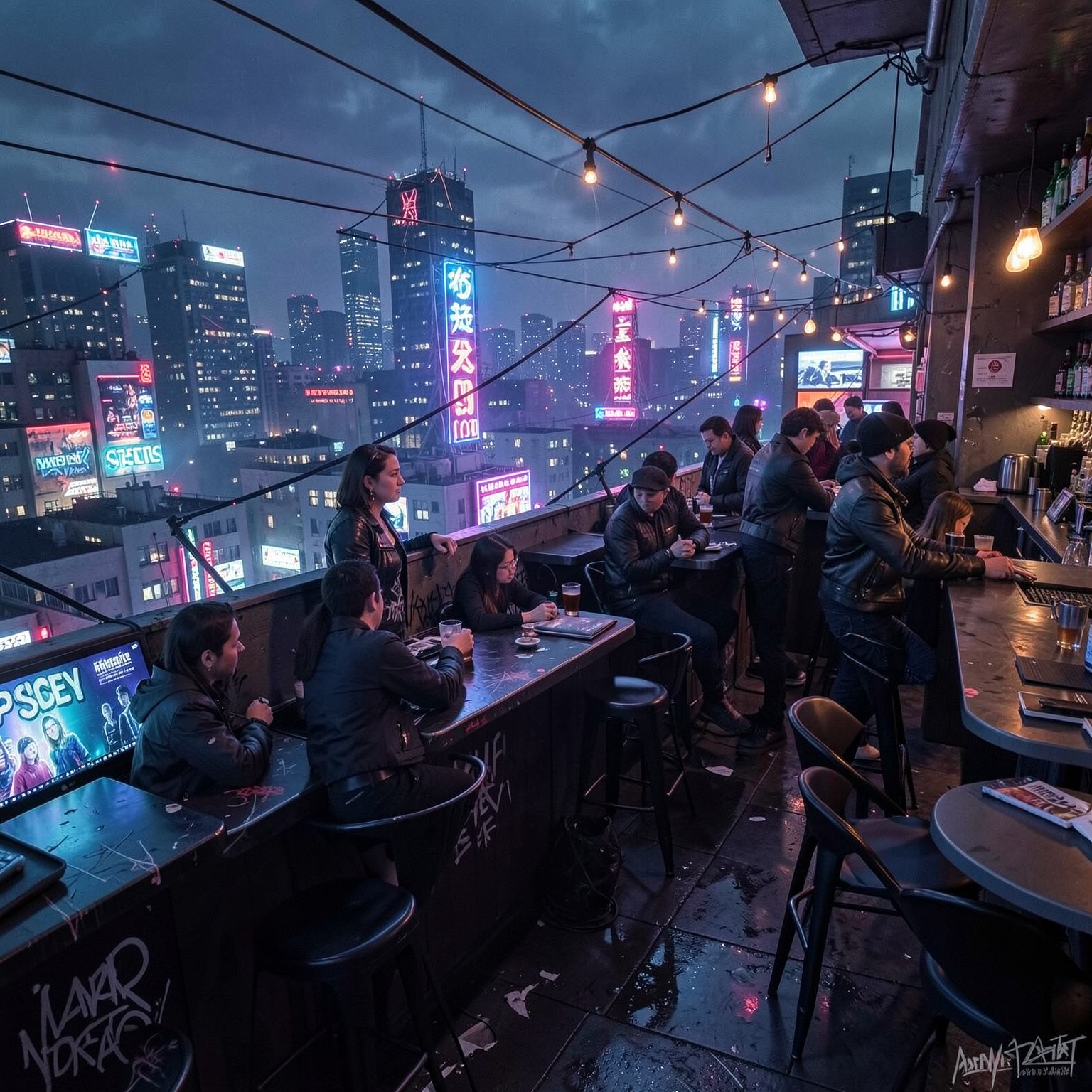 Cyberpunk rooftop bar overlooking city