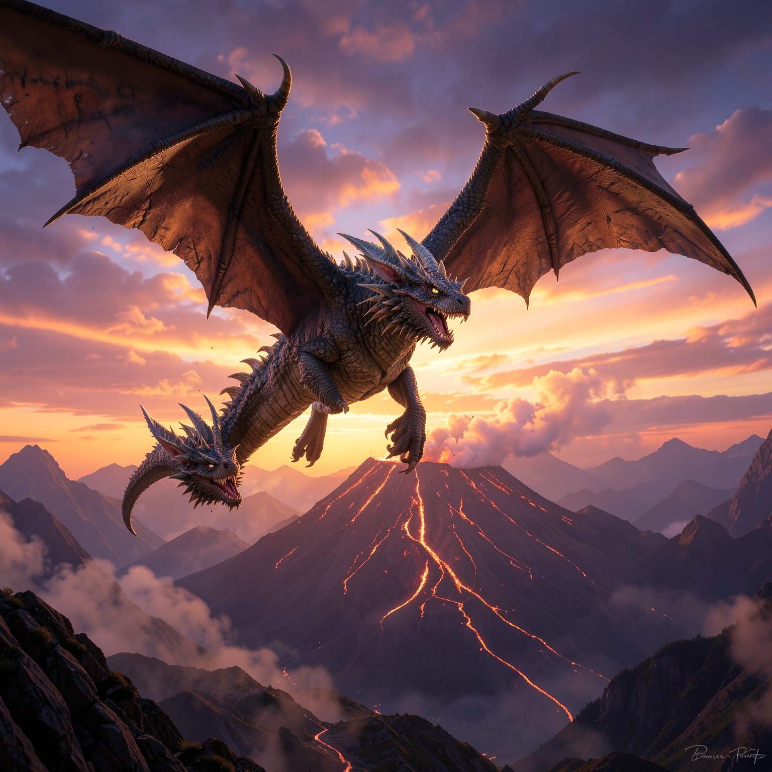ultra detailed dragon flying above volcano at sunset