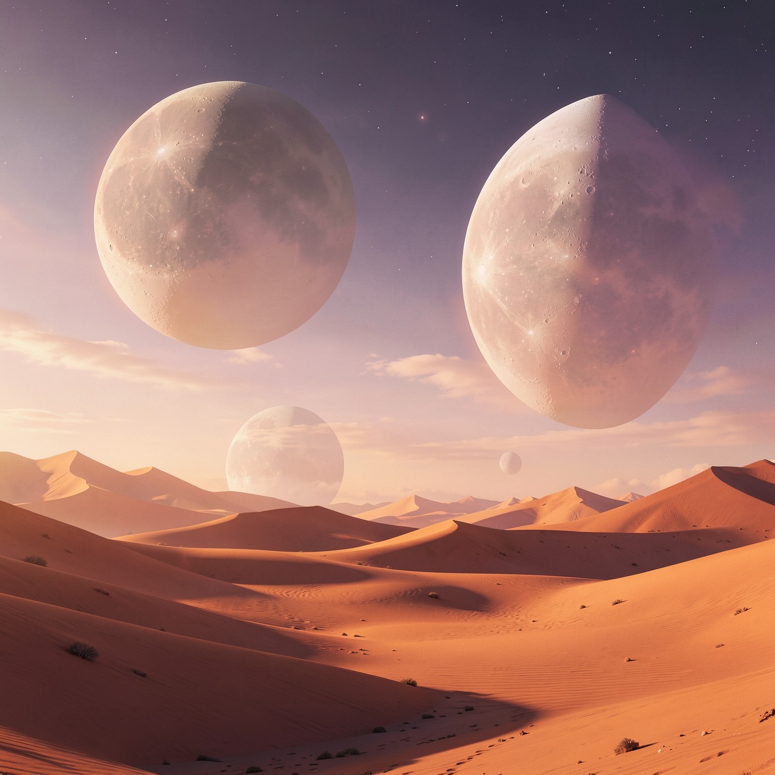 dreamlike surreal desert with giant floating moons