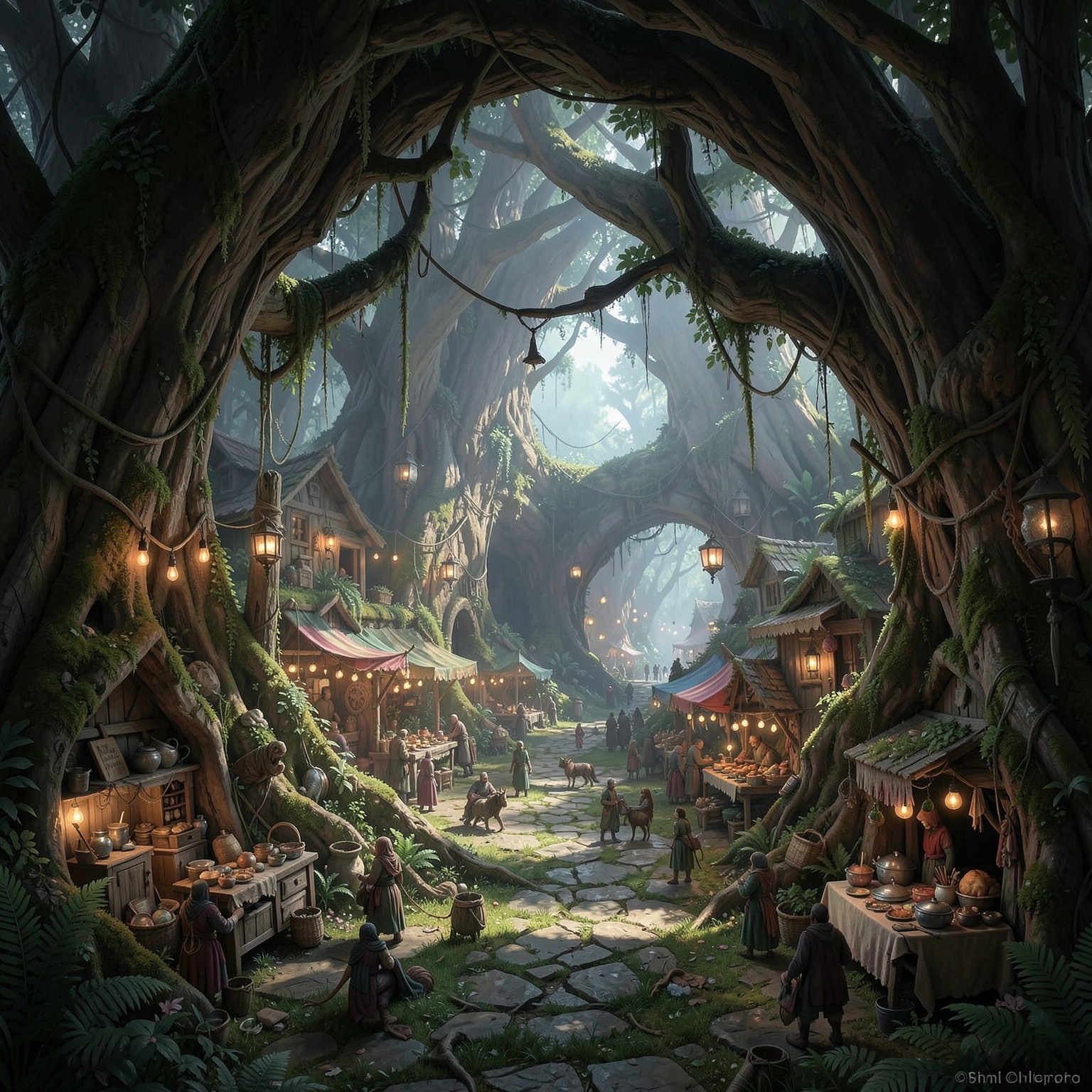 Fantasy marketplace inside giant hollow tree, ultra detailed worldbuilding