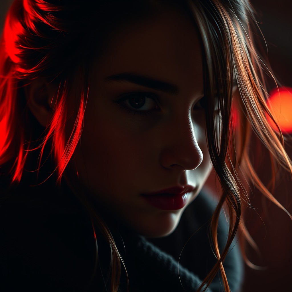 red hear woman, hyper-realistic, rim lighting, ultra sharp focus