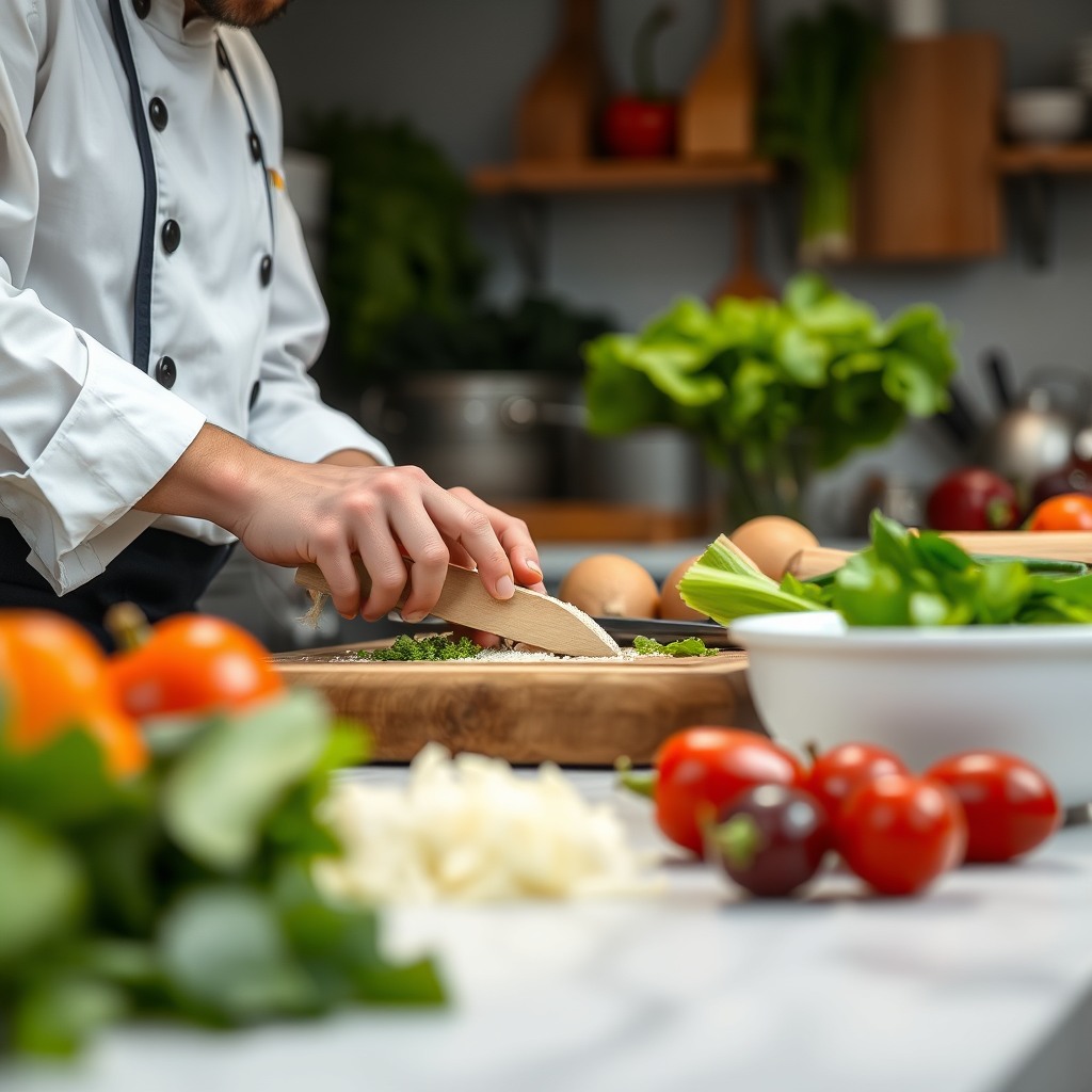 chef style vegetable prep scene, shallow depth of field