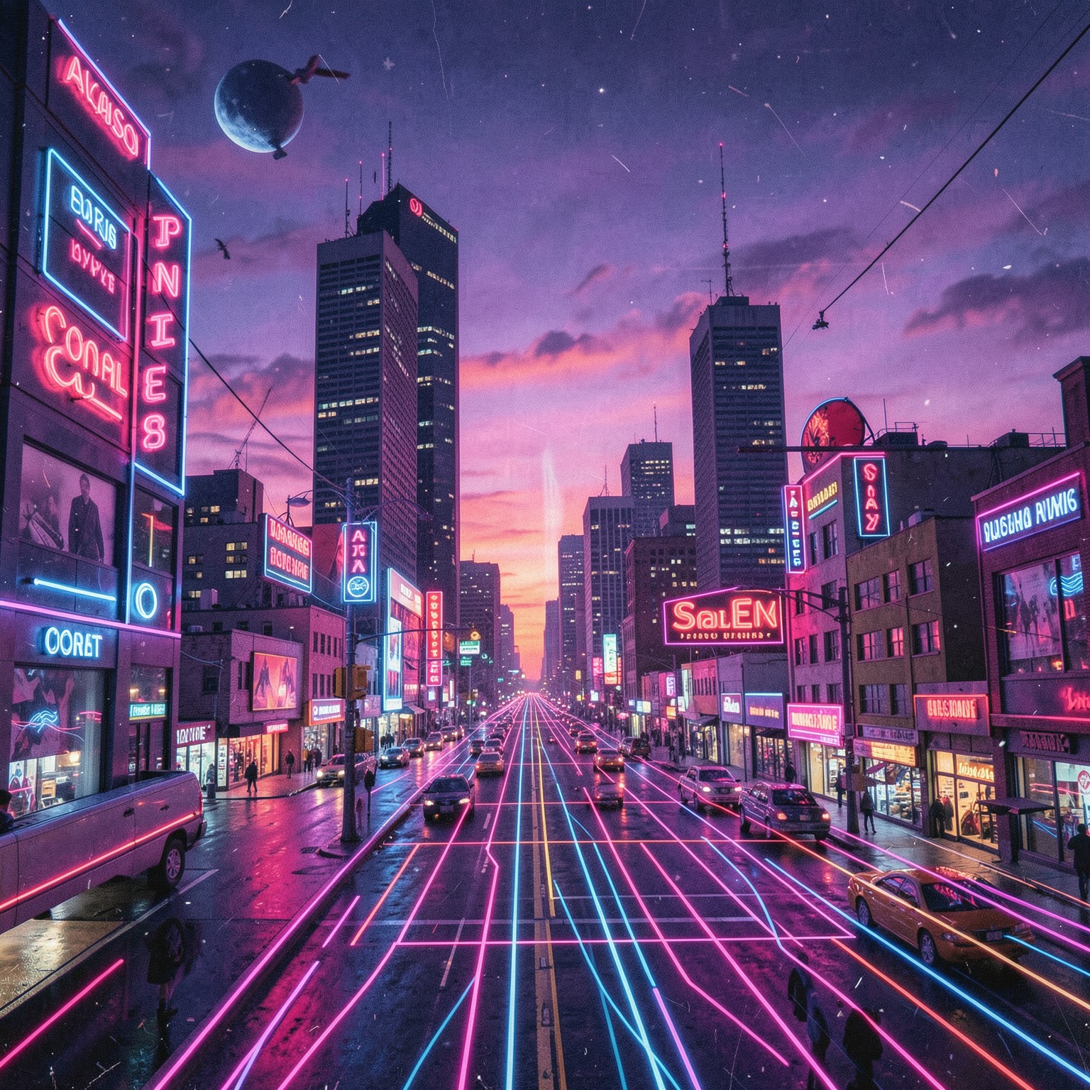 retro 1980s synthwave city at sunset with neon grid