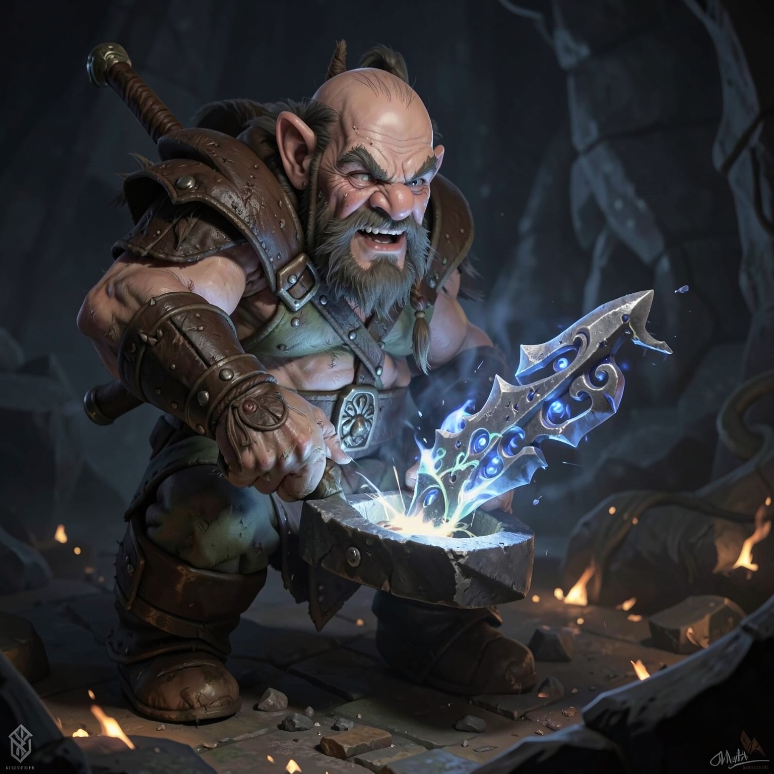 fantasy dwarf blacksmith forging magical weapon