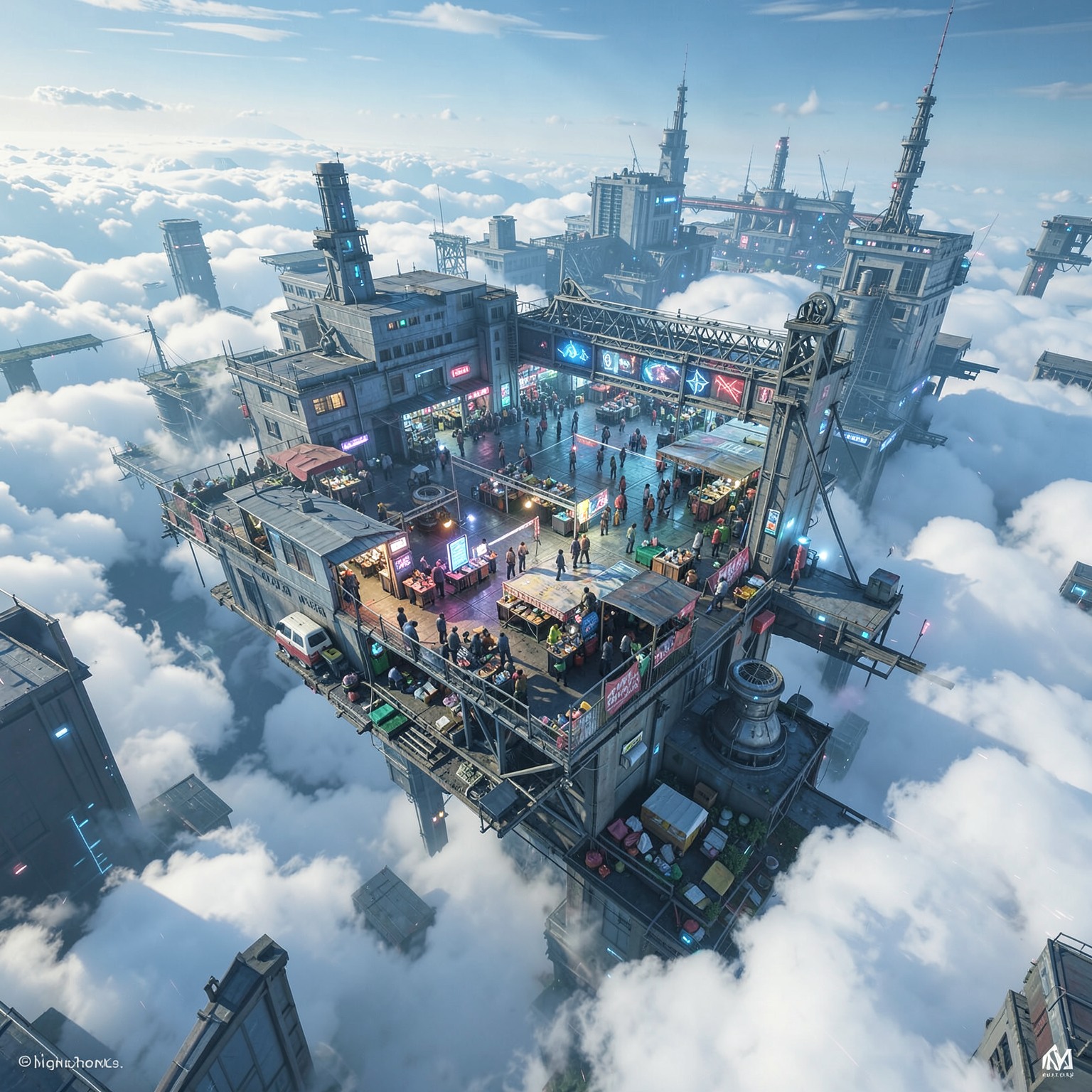 floating cyberpunk marketplace above clouds