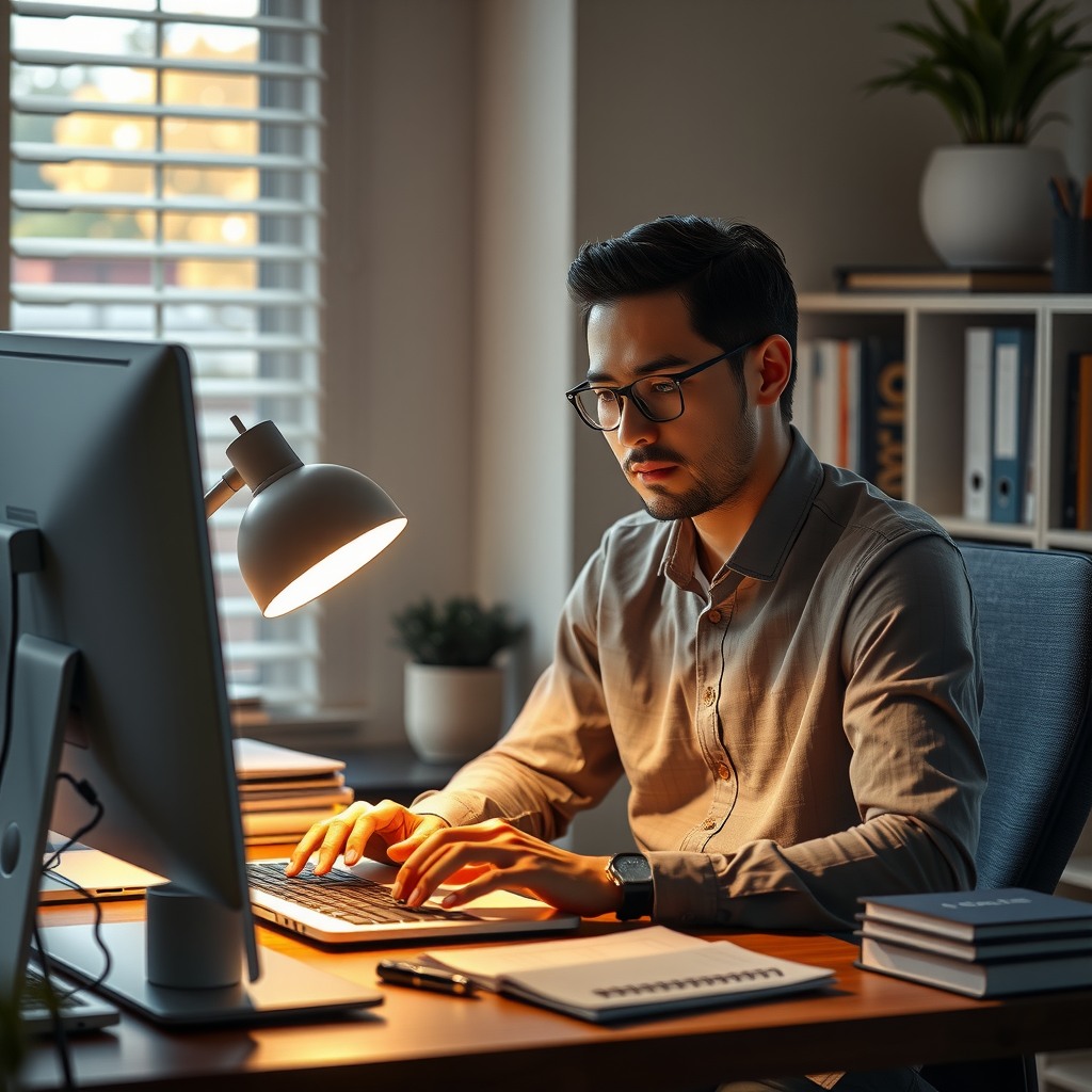 Photo-realistic editorial photography, realistic scene representing a man working late in home office