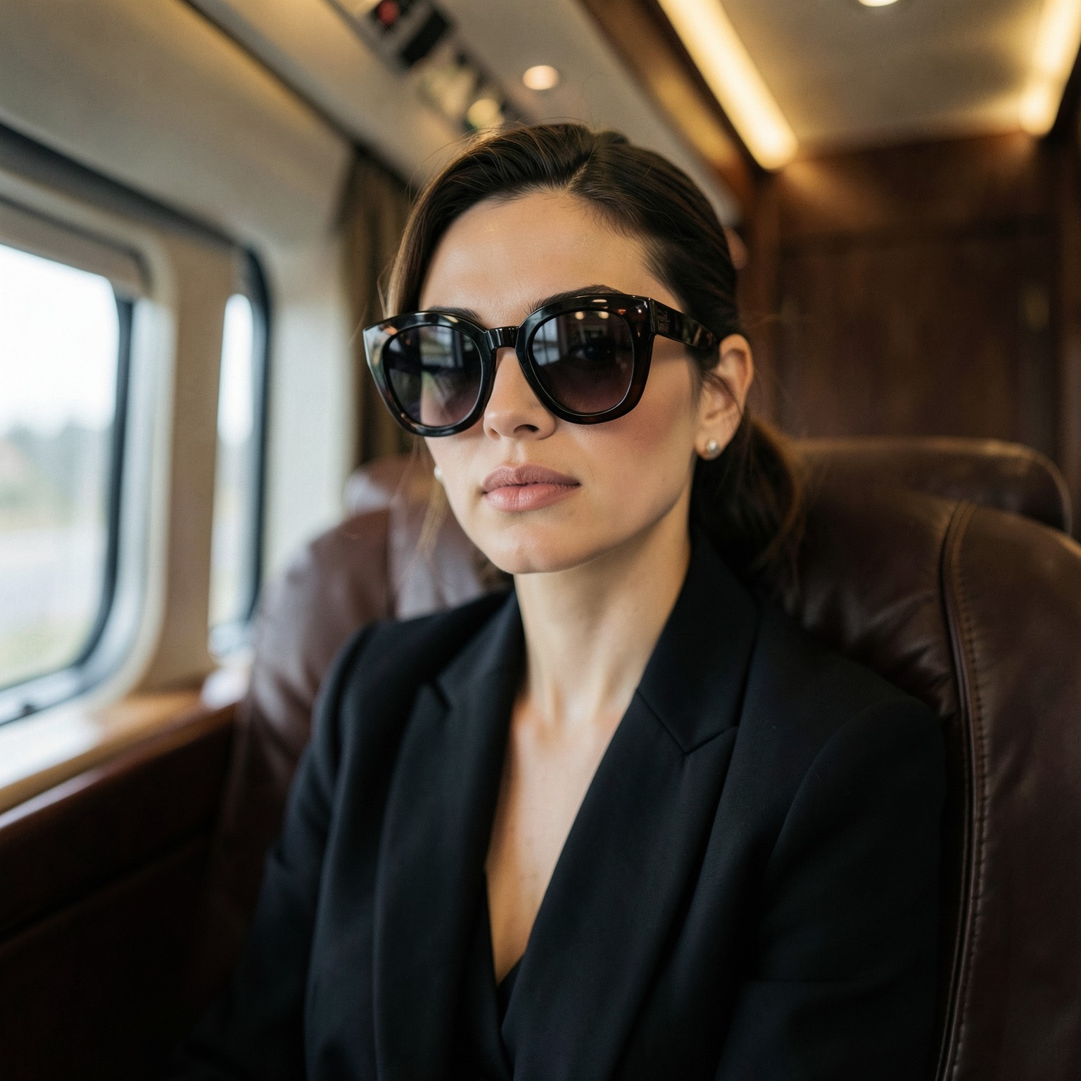 Elegant woman in oversized sunglasses inside luxury train cabin, shallow depth of field, Vogue style portrait