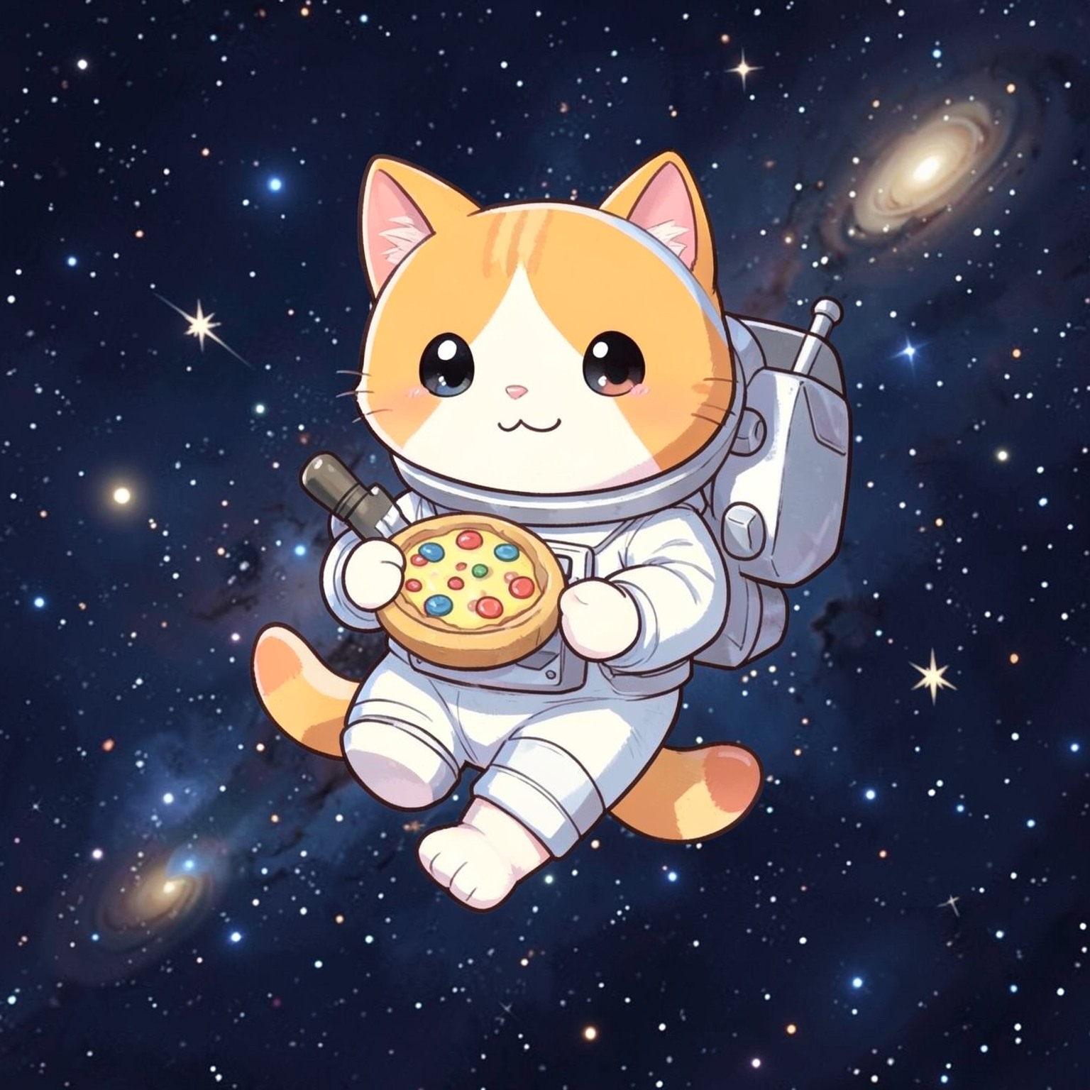 cute orange cat astronaut floating in space holding pizza