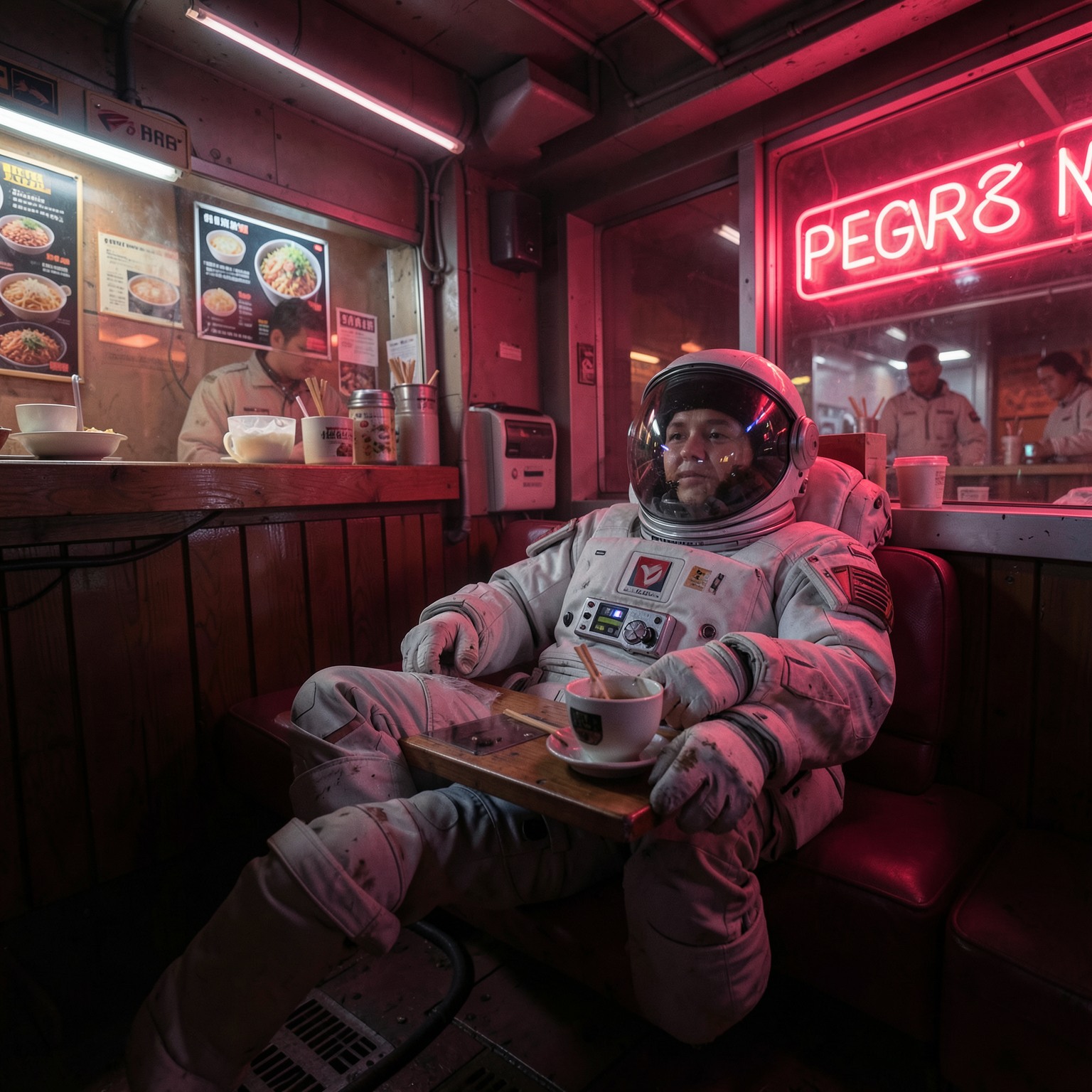 astronaut relaxing in a neon-lit ramen bar on Mars, cinematic sci-fi atmosphere