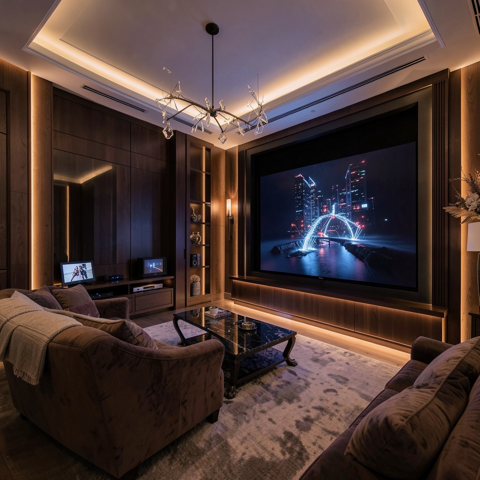 luxury home cinema room with ambient LED lighting
