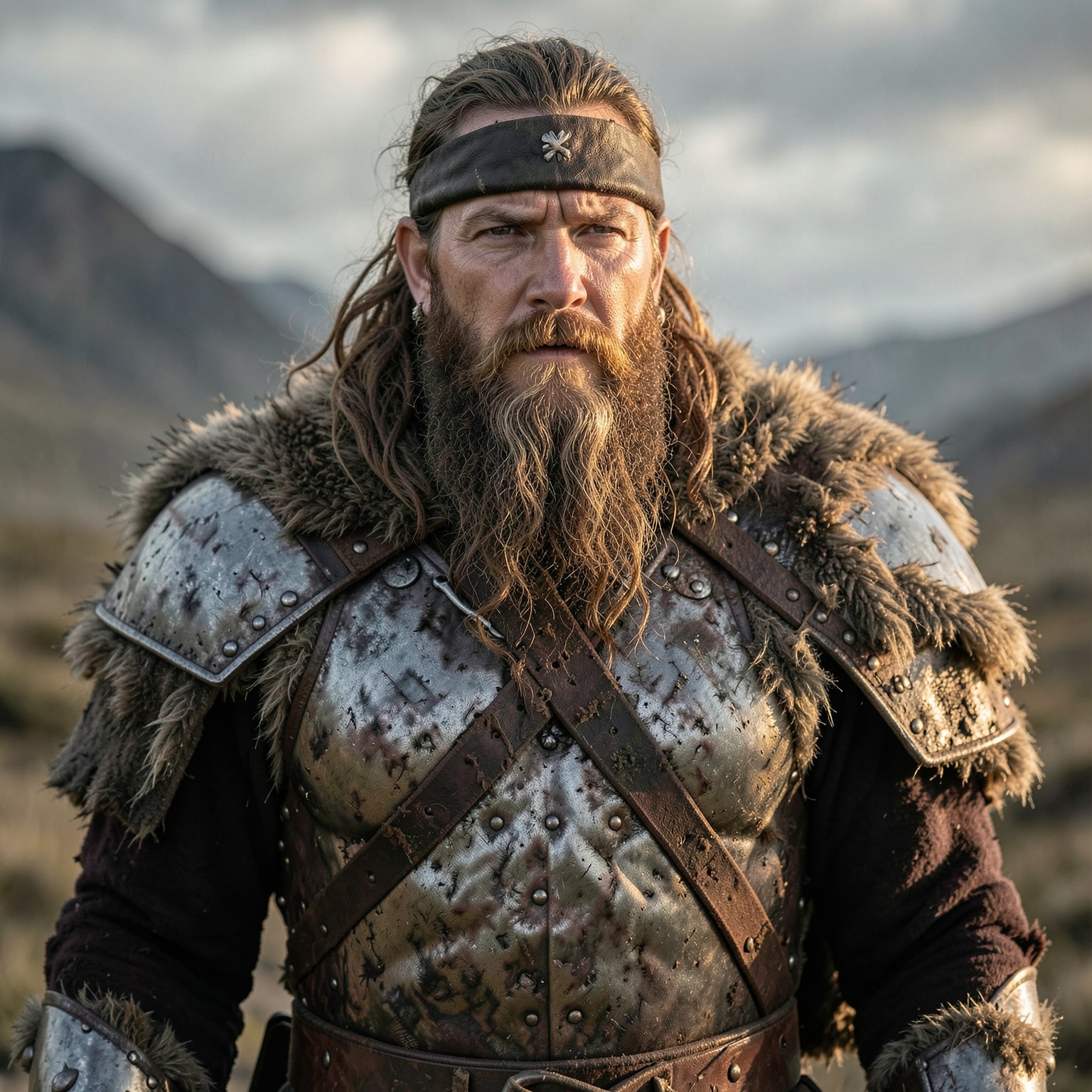 cinematic portrait of a Viking warrior with detailed beard and armor