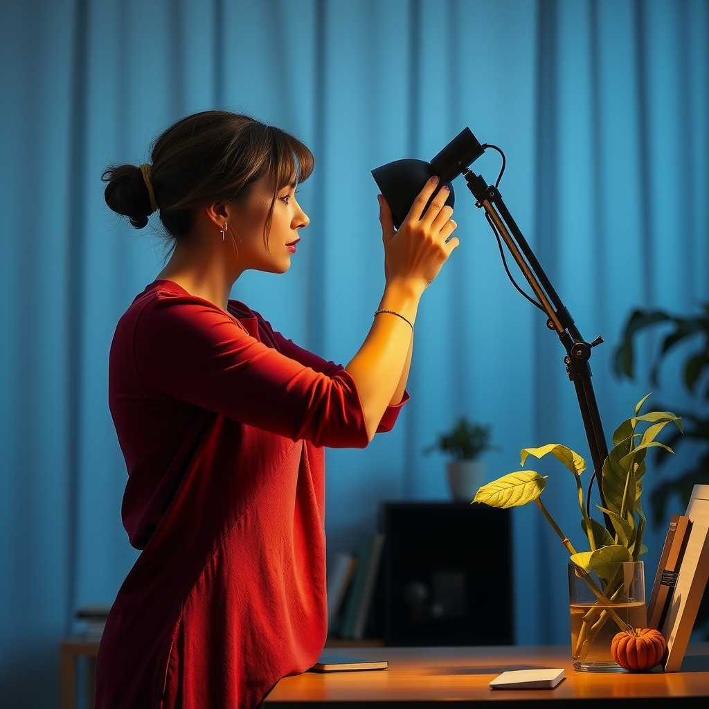 Photo-realistic editorial photography, realistic scene representing a woman adjusting desk lamp