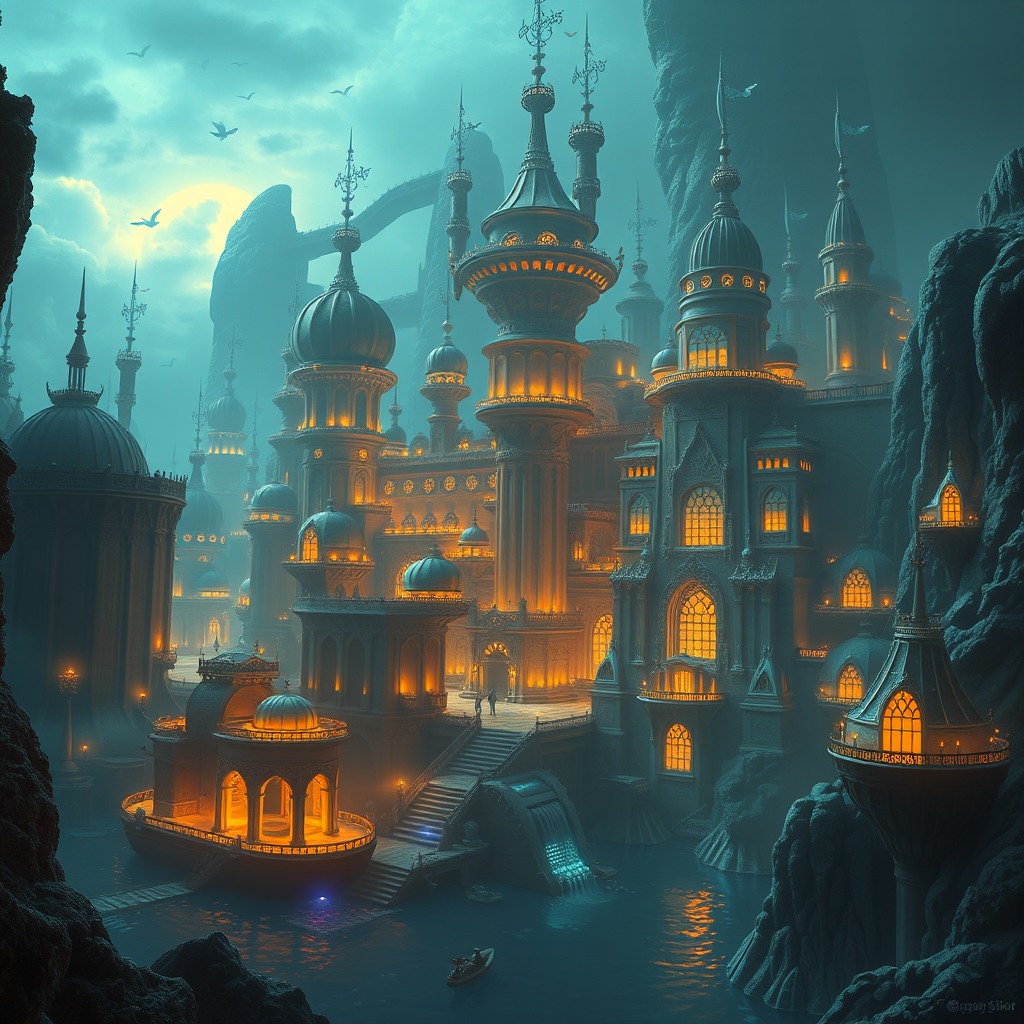 fantasy underwater city, glowing buildings, epic scale