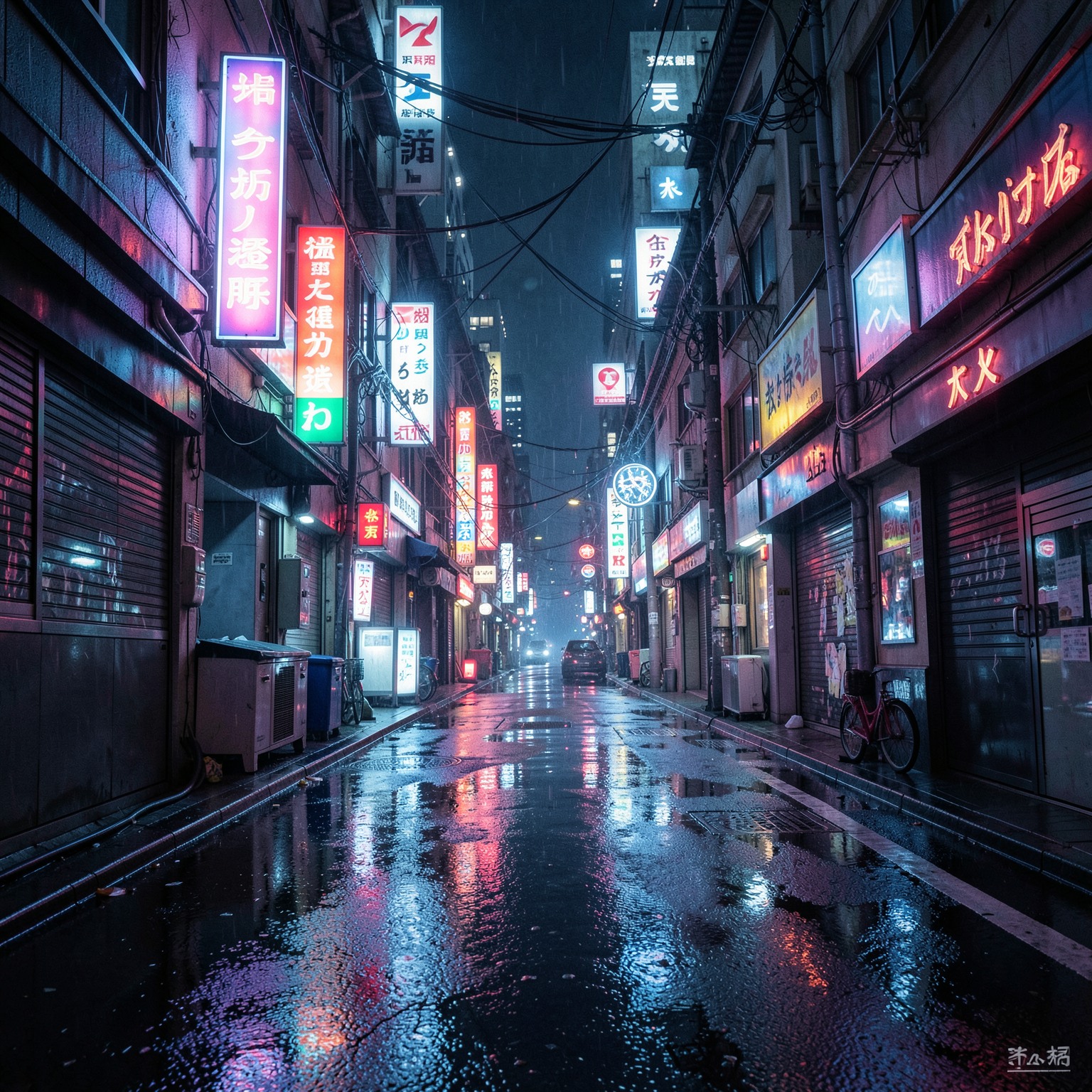 futuristic cyberpunk alley in Tokyo at night, neon reflections on wet asphalt, cinematic lighting, ultra detailed, flux style