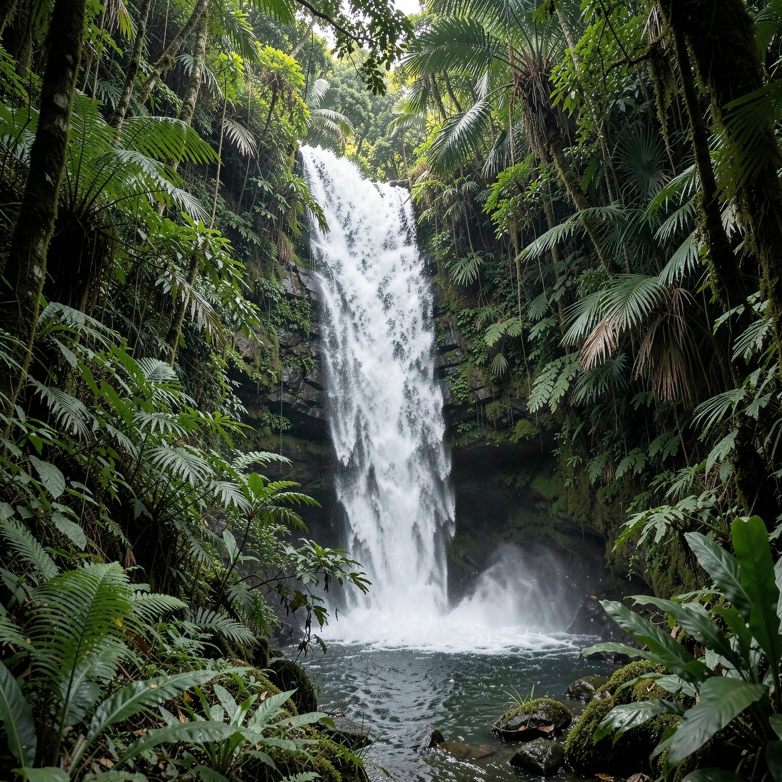 realistic waterfall hidden inside tropical jungle