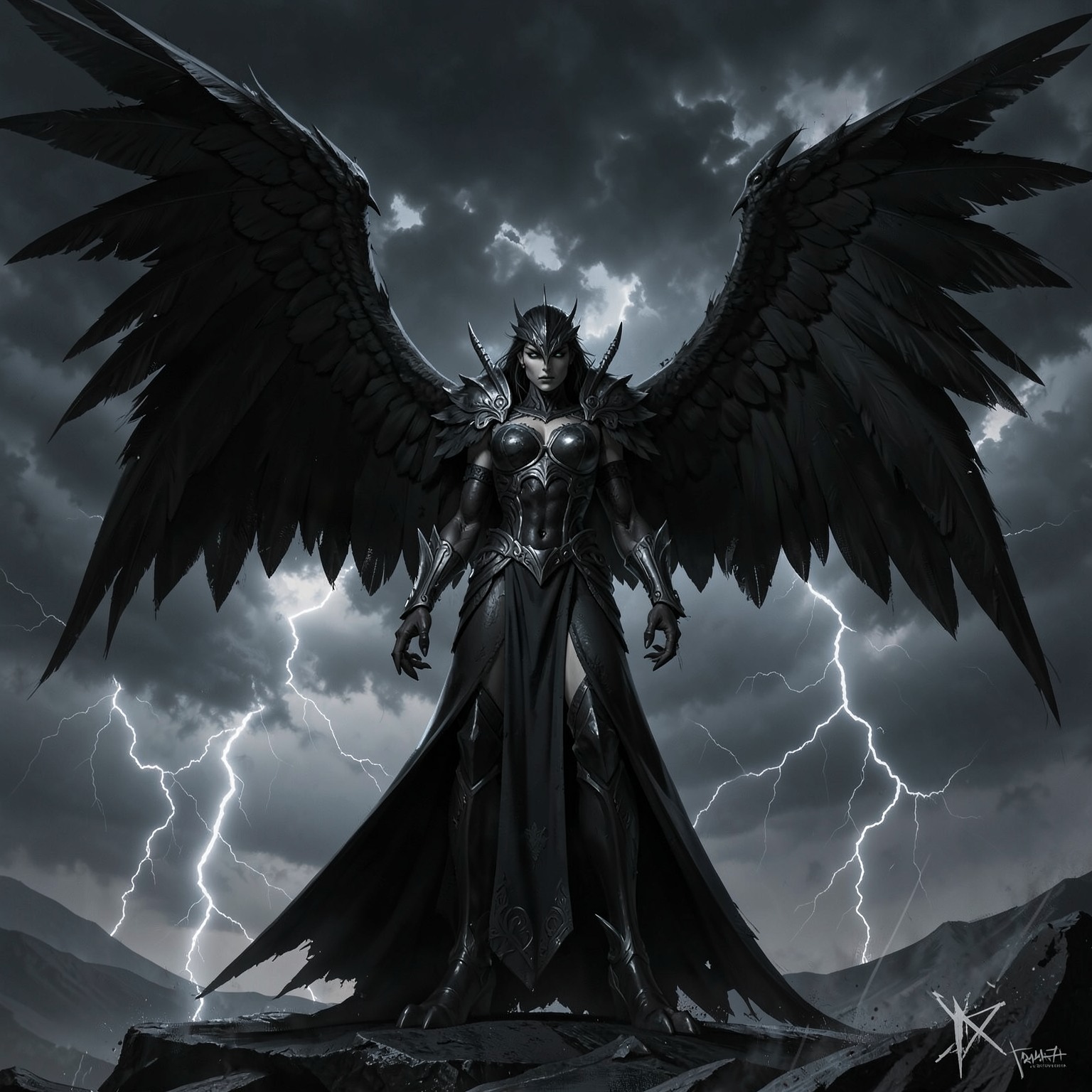 dark angel with giant black wings standing in storm