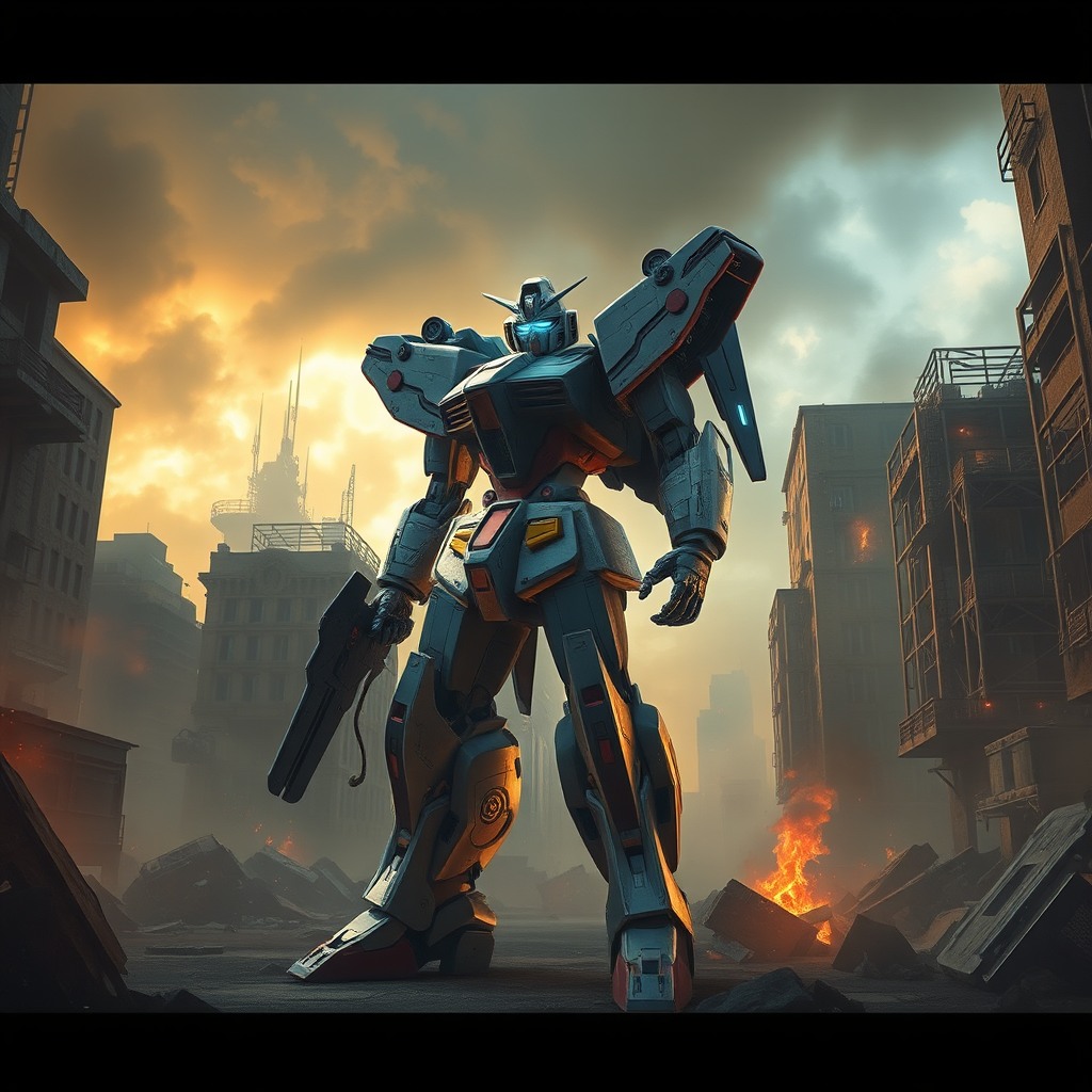 mecha robot standing in city ruins, epic scale, dramatic atmosphere