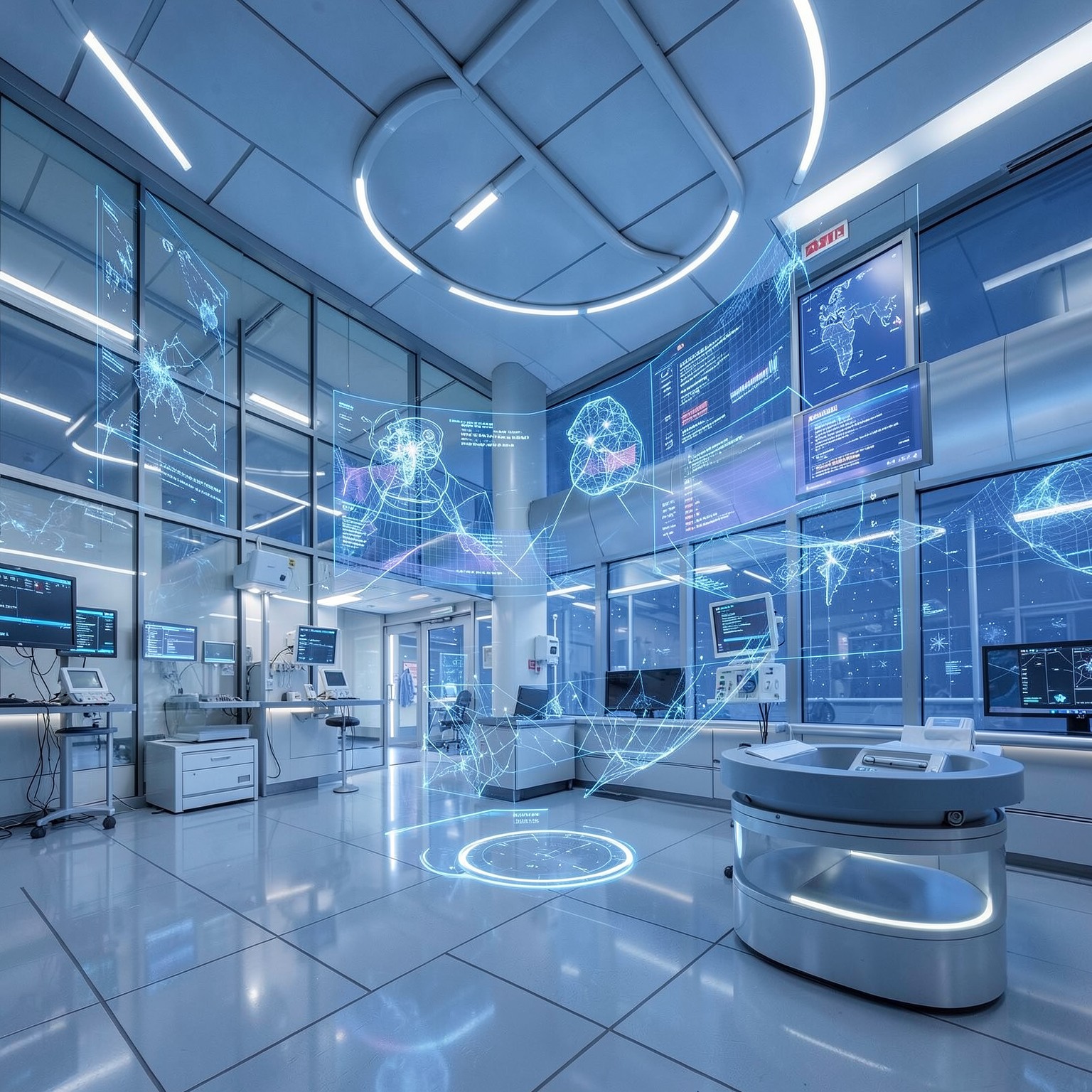 futuristic hospital with advanced hologram technology