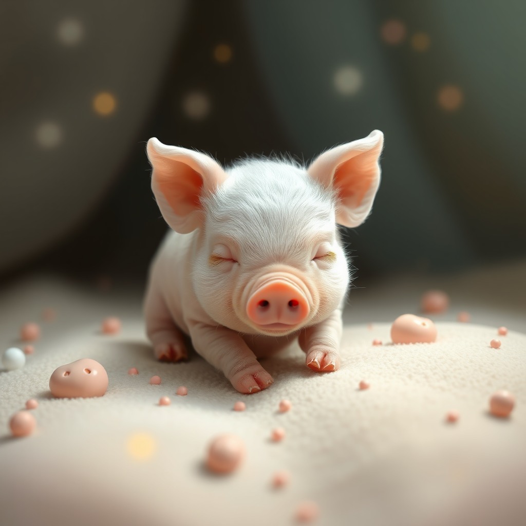 sleepy piglet, dreamy atmosphere, kawaii aesthetic