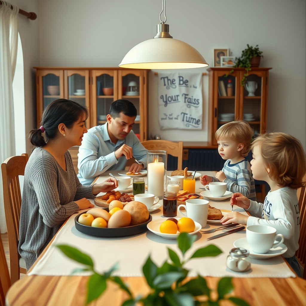 Photo-realistic editorial photography, realistic scene representing a family having breakfast together at dining table