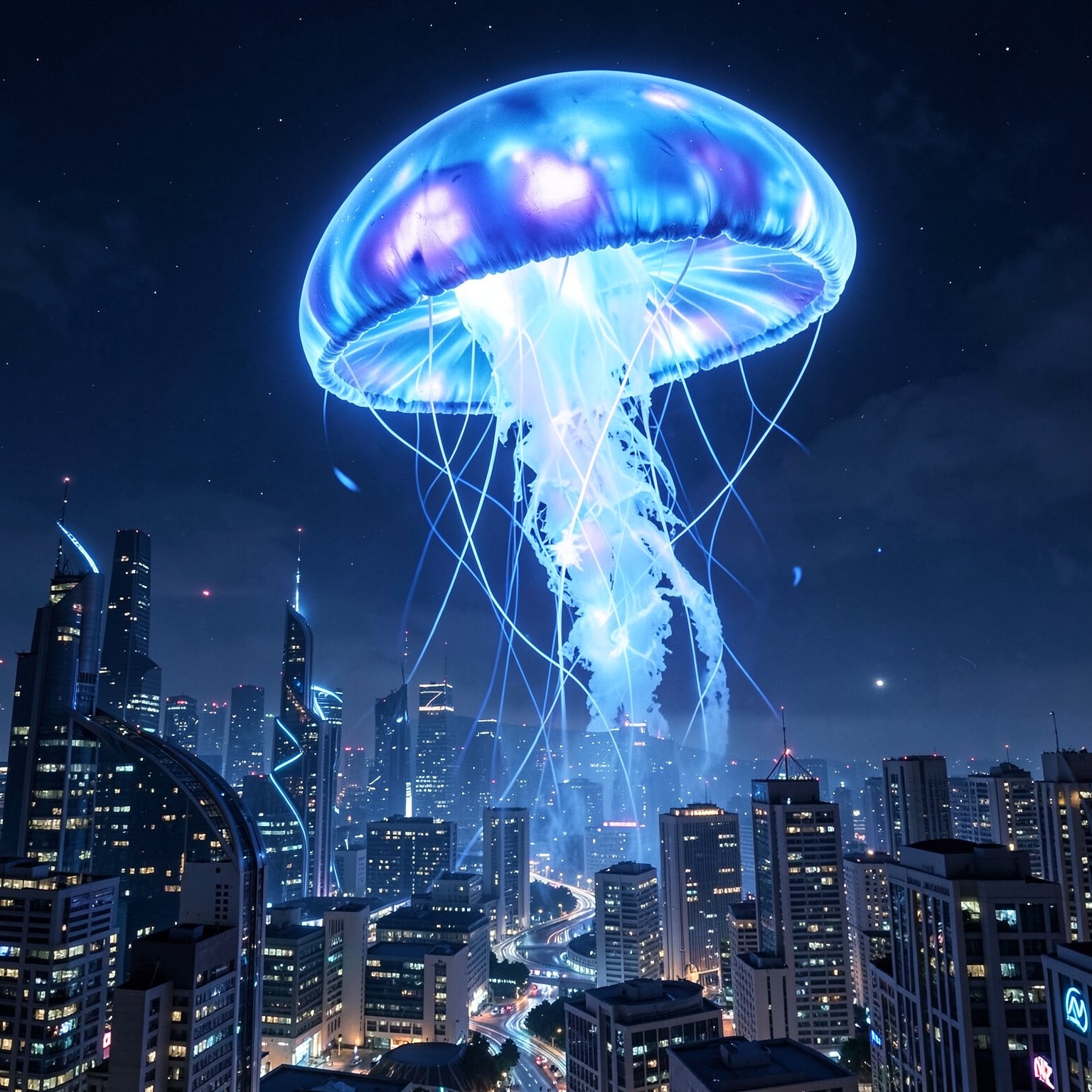 giant glowing jellyfish floating above a futuristic city skyline at night