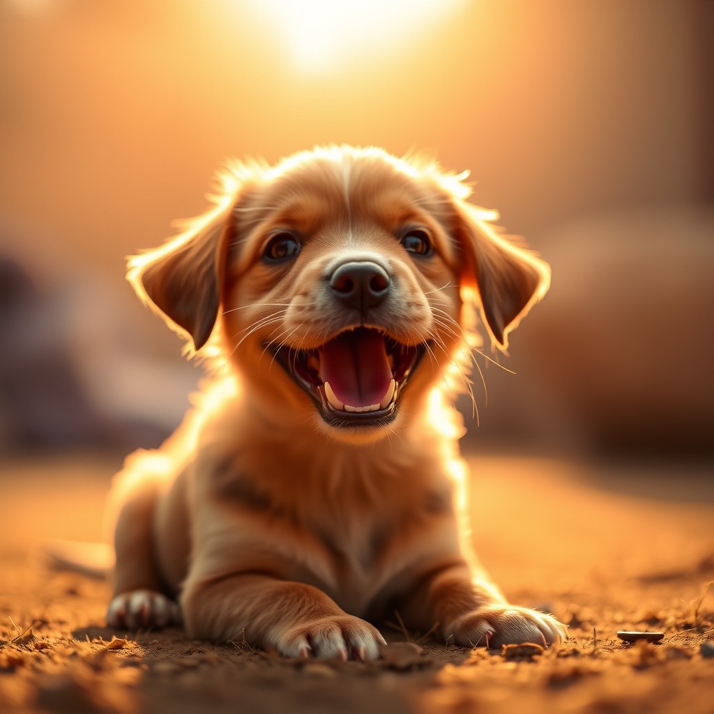 happy puppy, warm cinematic lighting, soft glow