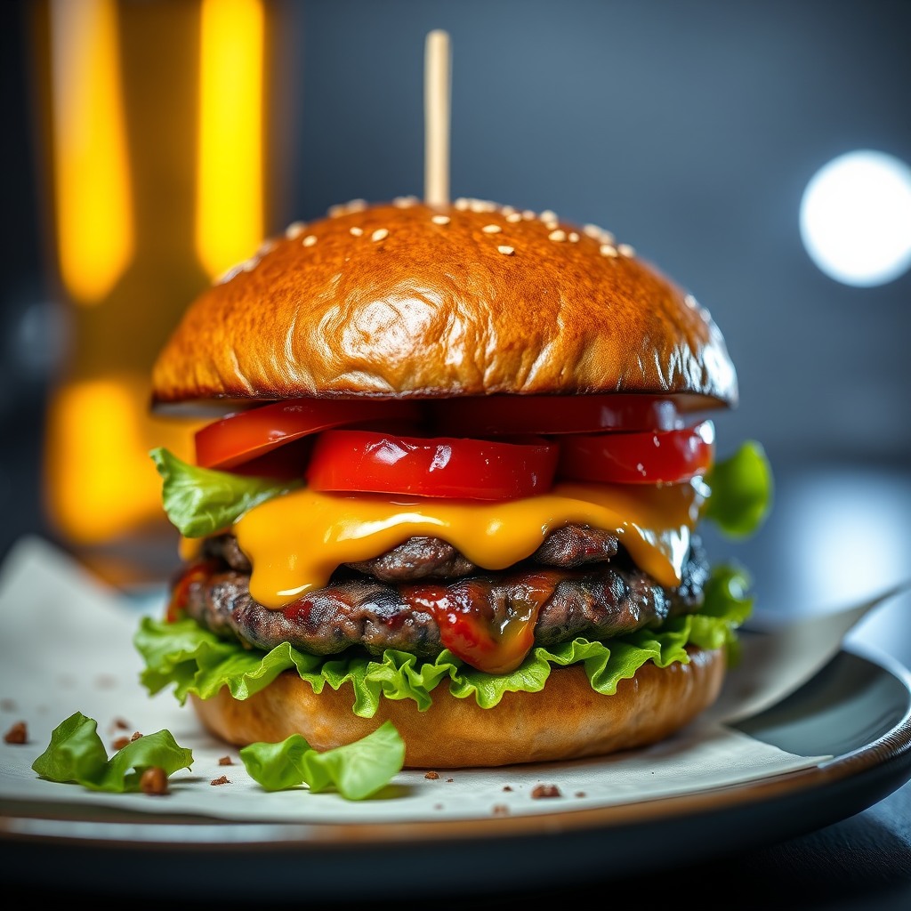 food photography of gourmet burger, juicy texture, shallow depth of field, studio light