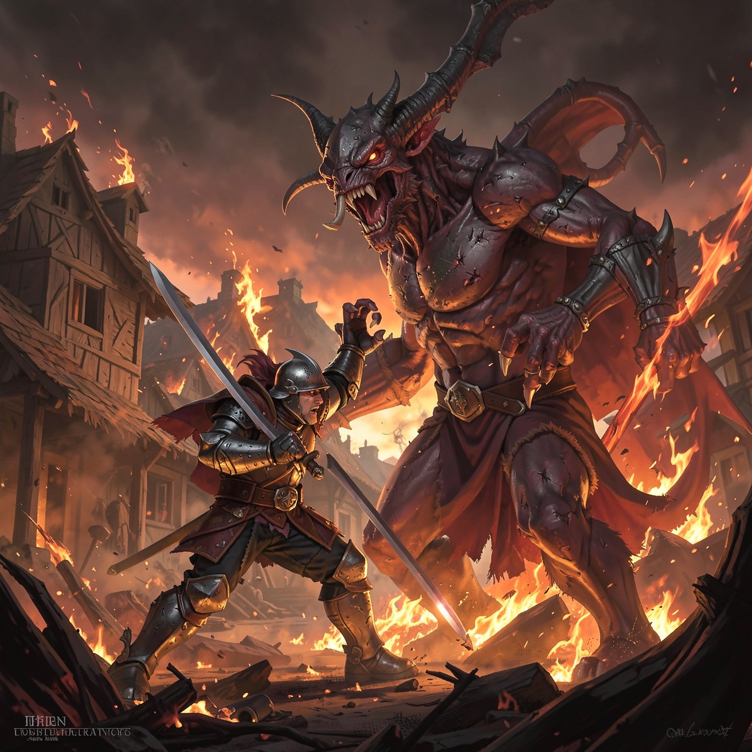 knight fighting giant demon in burning village