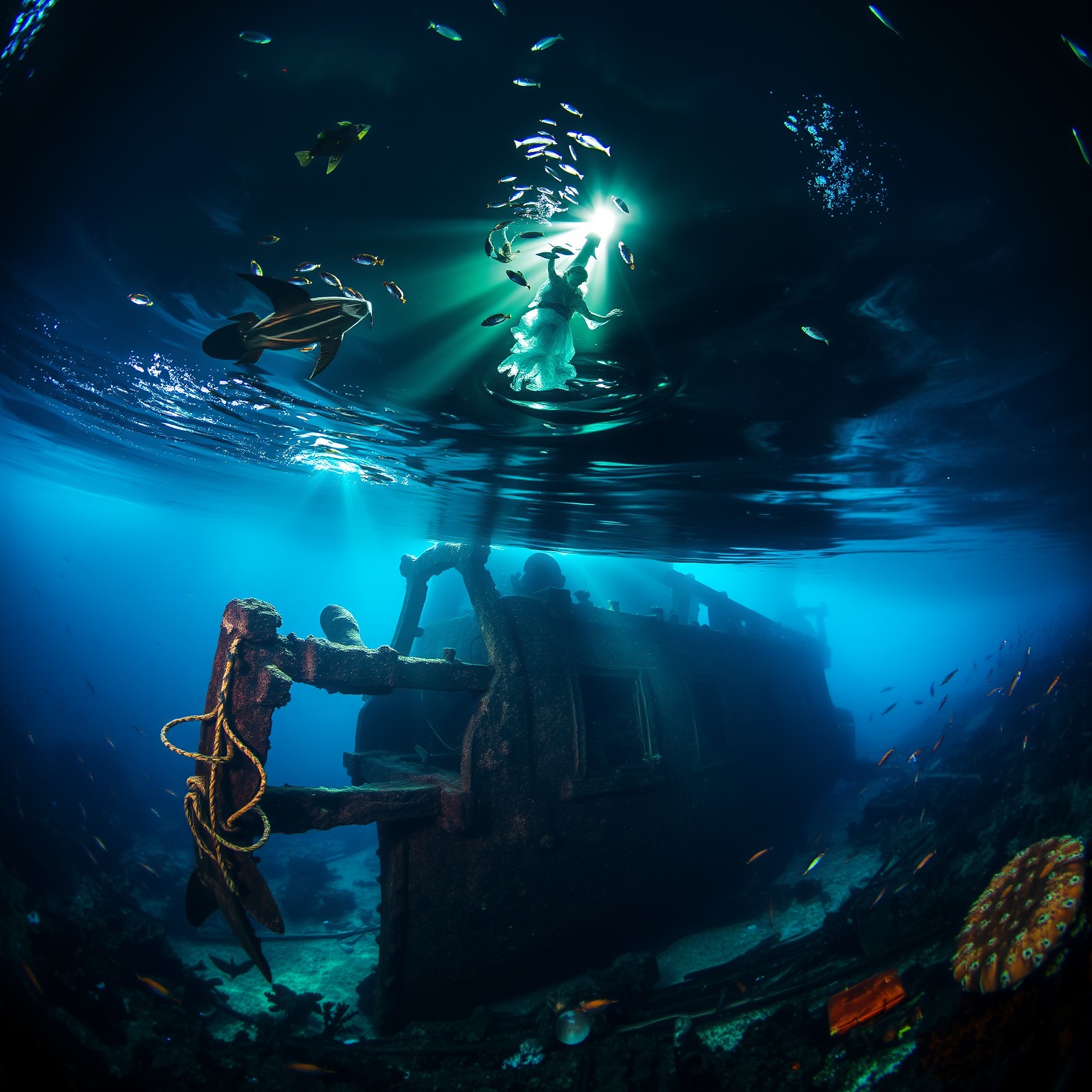 A dramatic underwater scene of a shipwreck surrounded by marine life, with beams of light illuminating the eerie beauty of the sunken vessel.