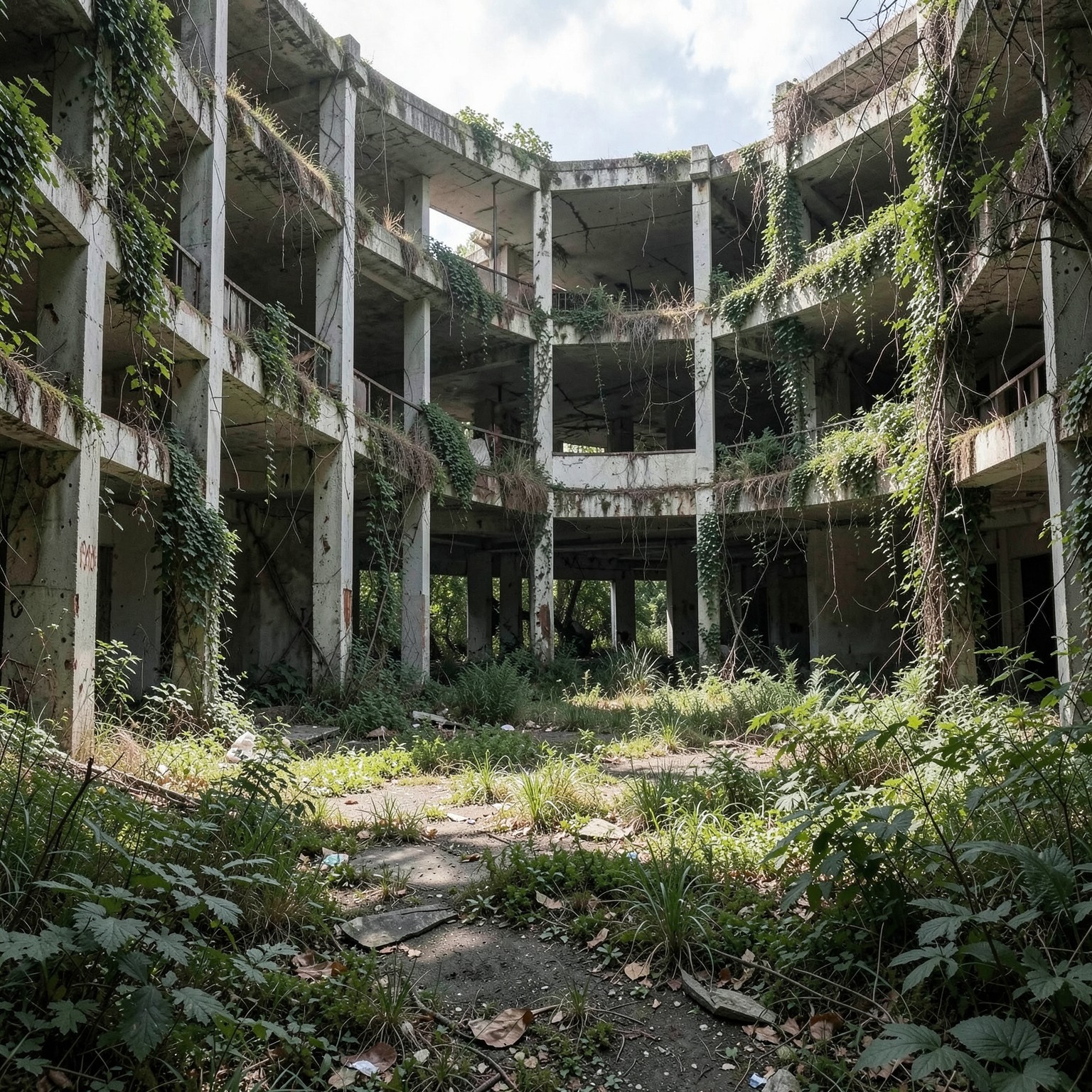 Abandoned mall overtaken by nature, realistic style