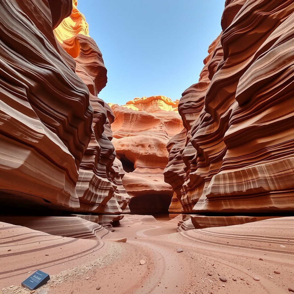Photo-realistic desert canyon with layered rock formations, midday natural lighting