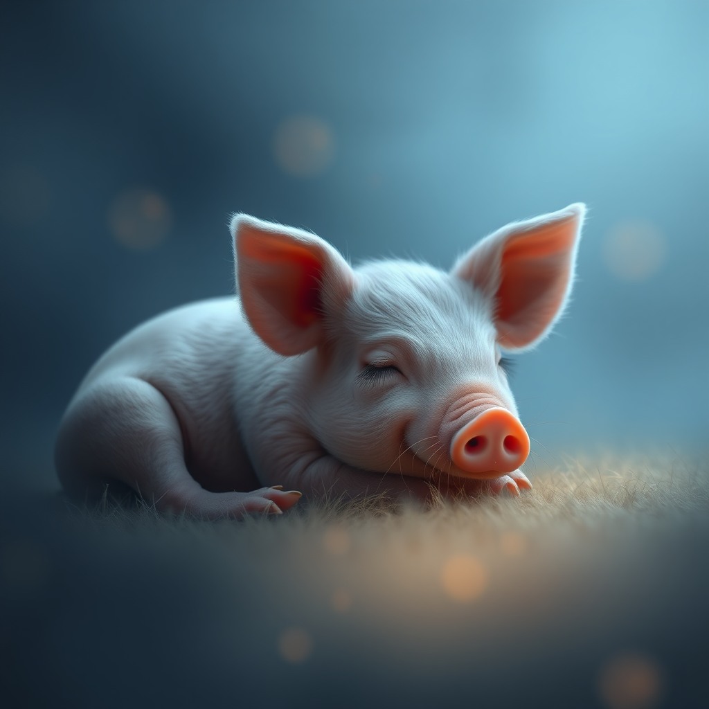 sleepy piglet, dreamy atmosphere, soft glow