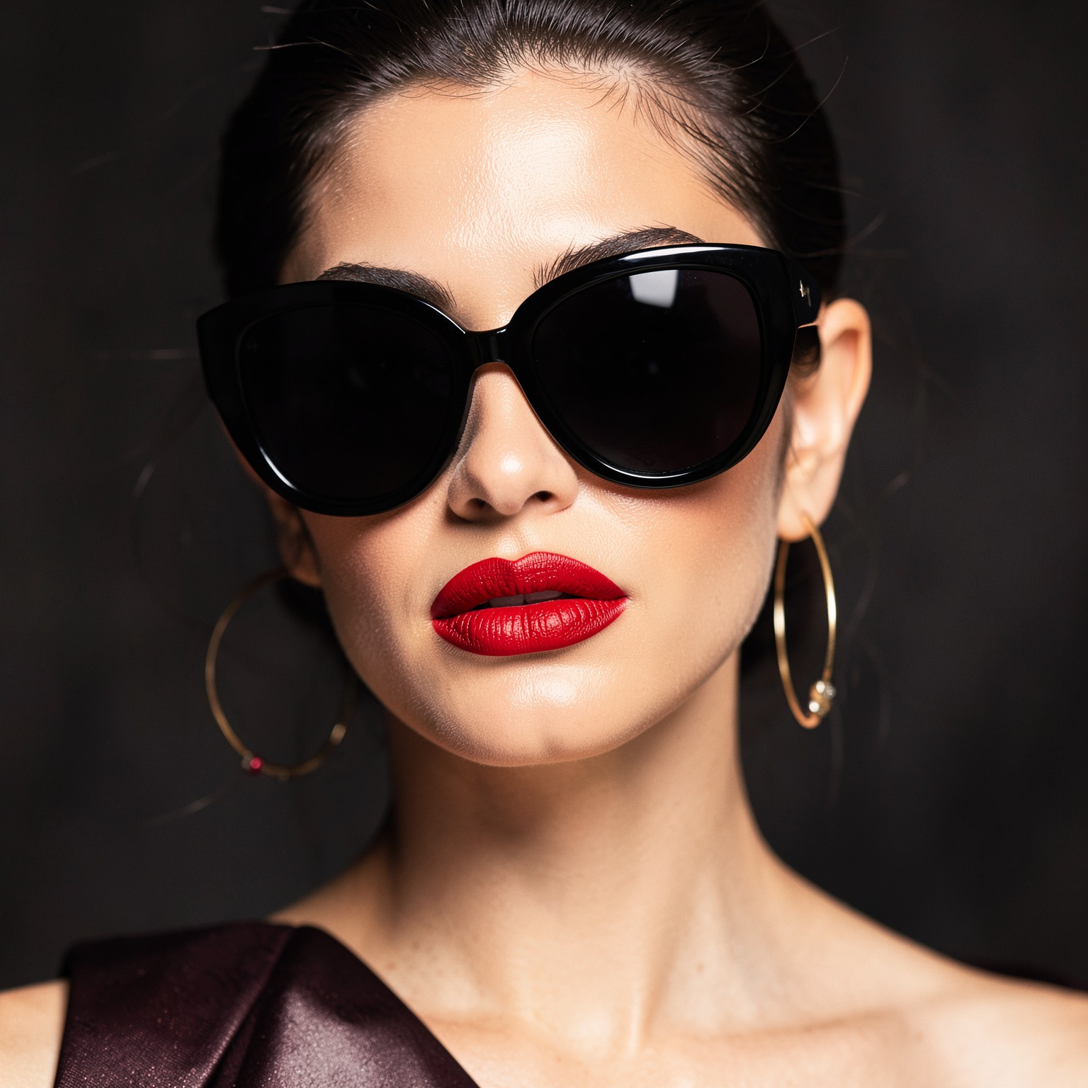 Close-up of woman wearing oversized sunglasses and red lipstick, luxury fashion campaign style
