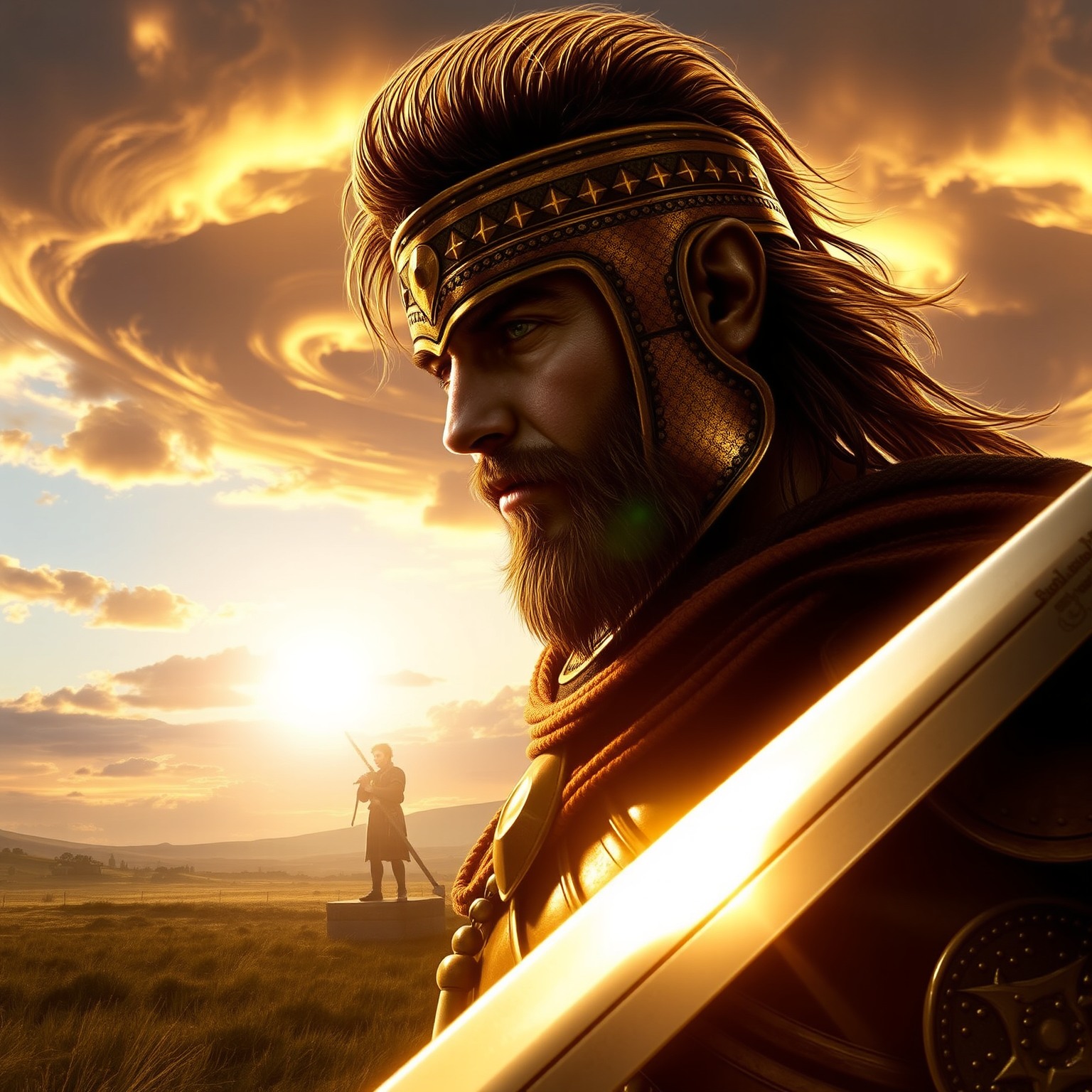 A photorealistic portrait of an ancient warrior standing on a battlefield at sunset, detailed armor glistening in the golden light, with a dramatic sky filled with swirling clouds.